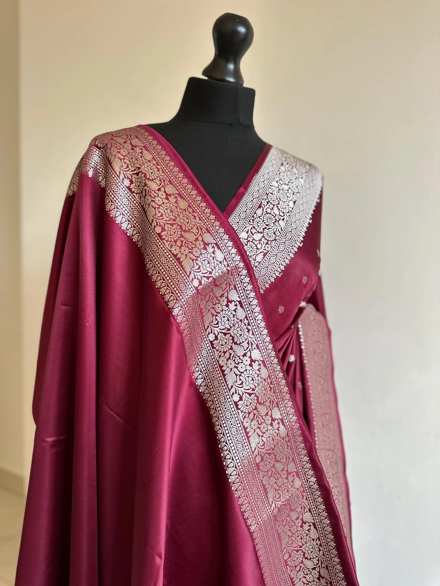Banarasi Wedding Saree in wine with silver Zari. Silver and wine unique traditional modern Saree with plain contrast blouse and fall picot - LaiLai Sarees