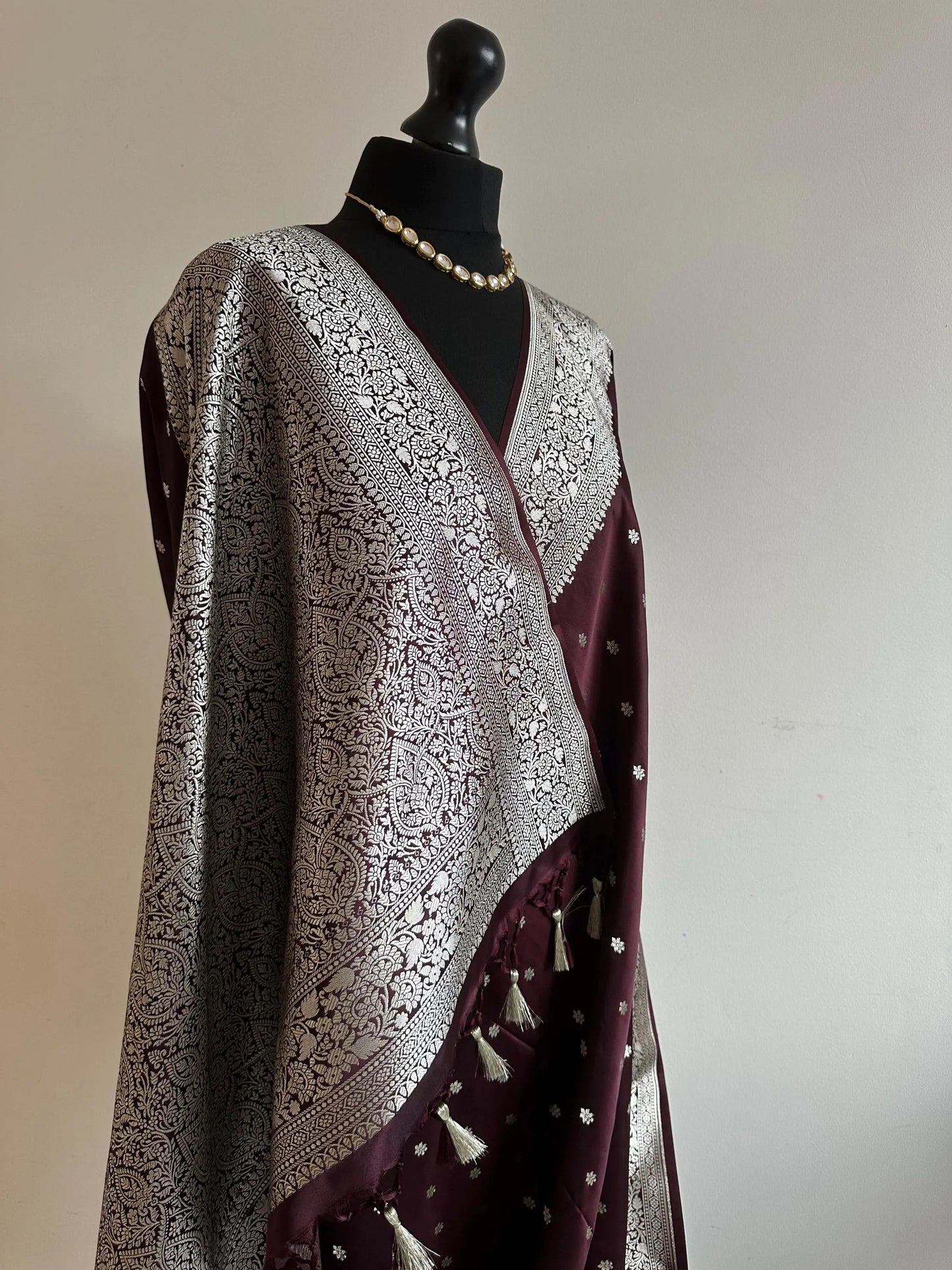 Banarasi silk in dark wine.Wedding Saree with gold Zari.Silver wine koorai Saree traditional saree with plain contrast blouse with Fall Pico - LaiLai Sarees