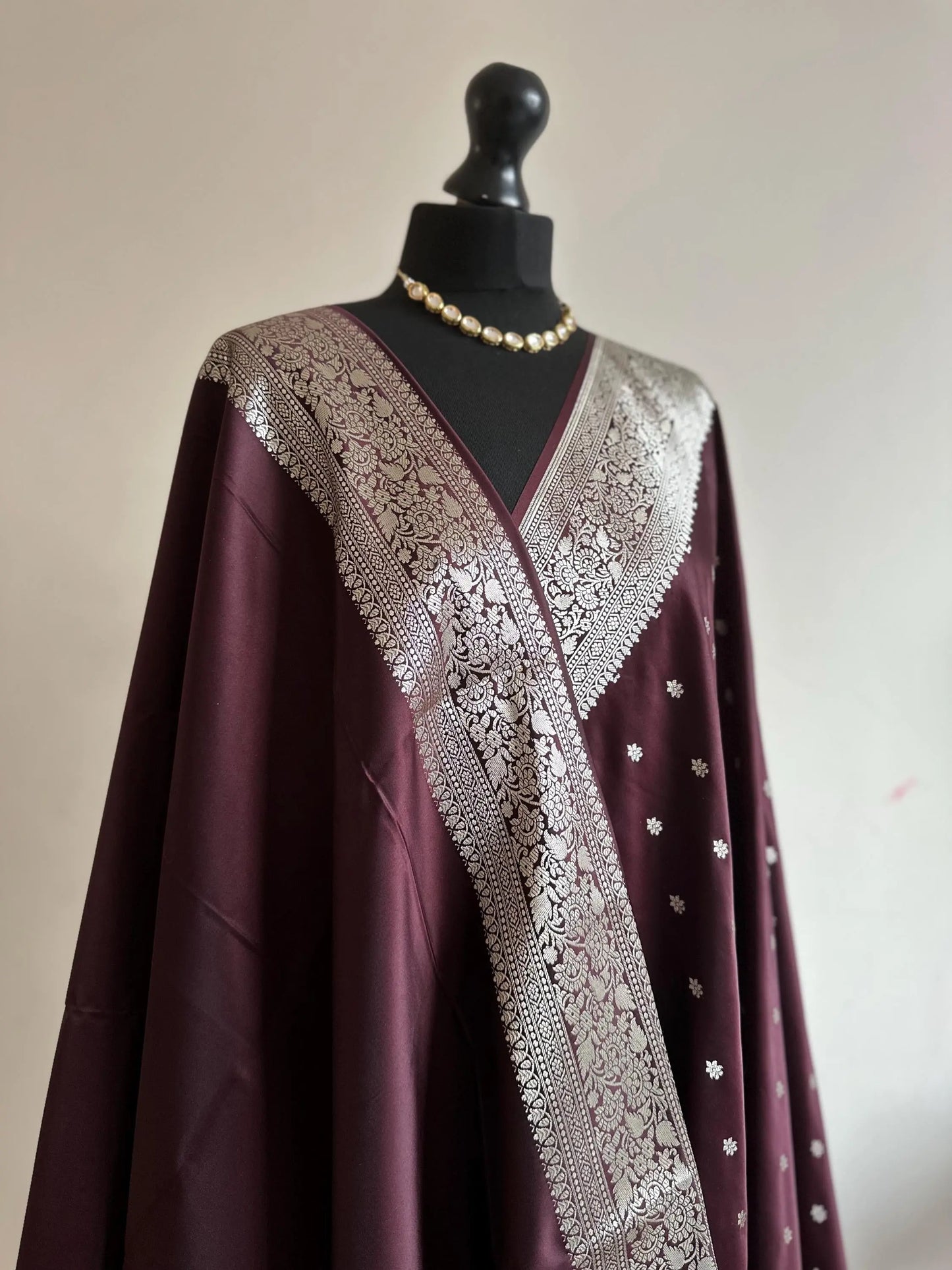 Banarasi silk in dark wine.Wedding Saree with gold Zari.Silver wine koorai Saree traditional saree with plain contrast blouse with Fall Pico - LaiLai Sarees