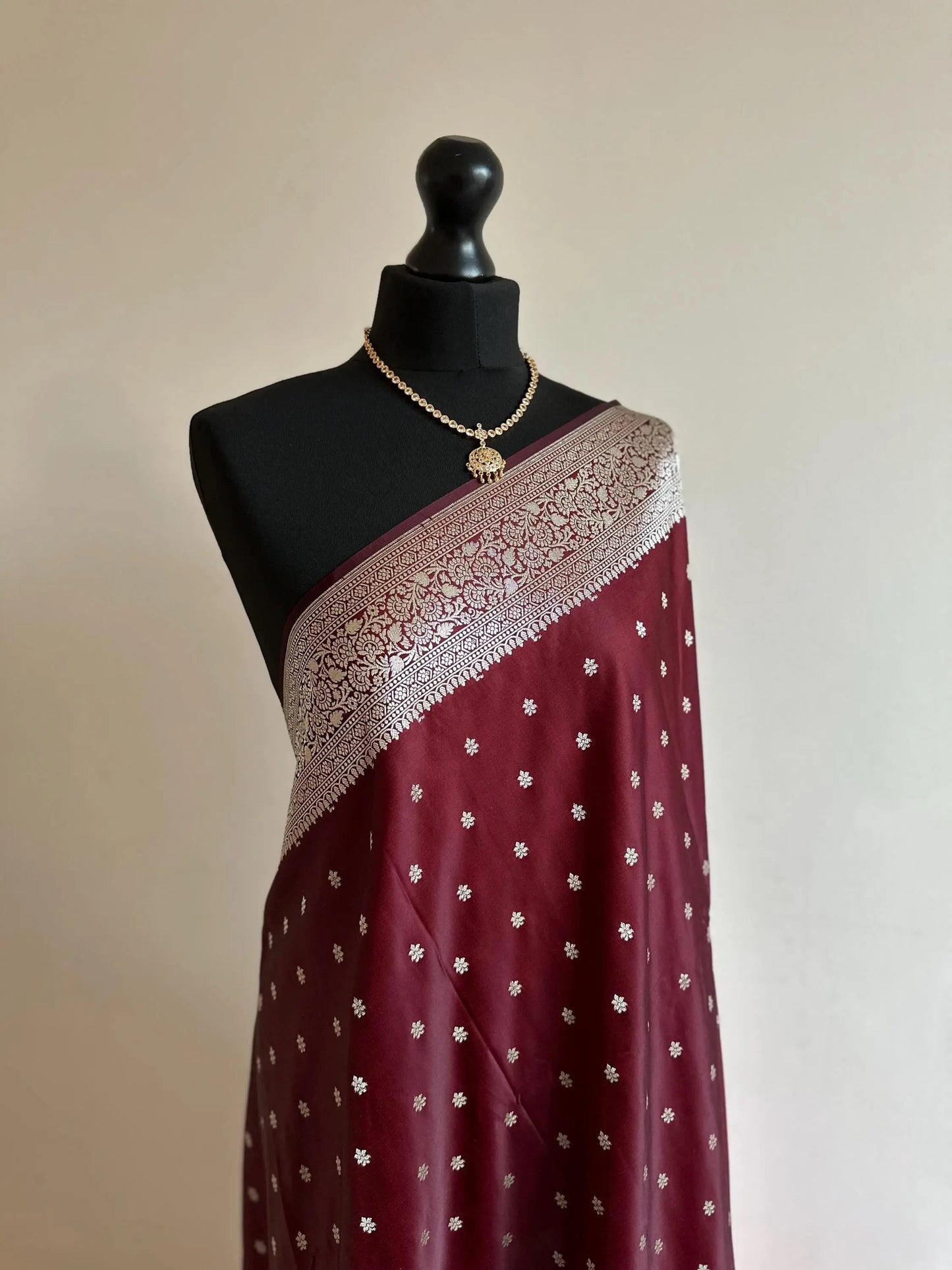Banarasi silk in dark maroon with silver Zari. Coffee maroon pattu Saree Traditional Saree with plain contrast blouse with Fall Pico - LaiLai Sarees