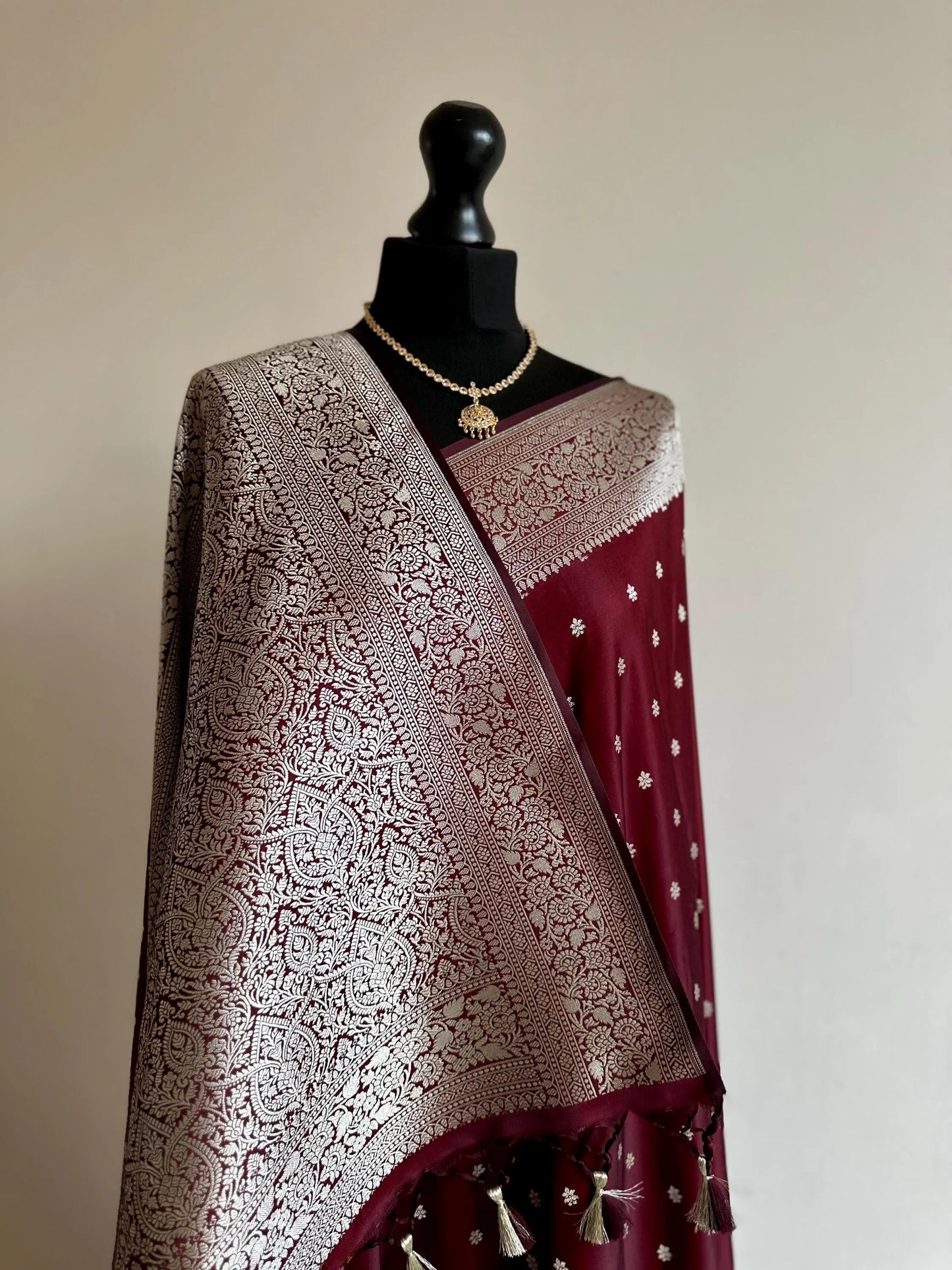 Banarasi silk in dark maroon with silver Zari. Coffee maroon pattu Saree Traditional Saree with plain contrast blouse with Fall Pico - LaiLai Sarees