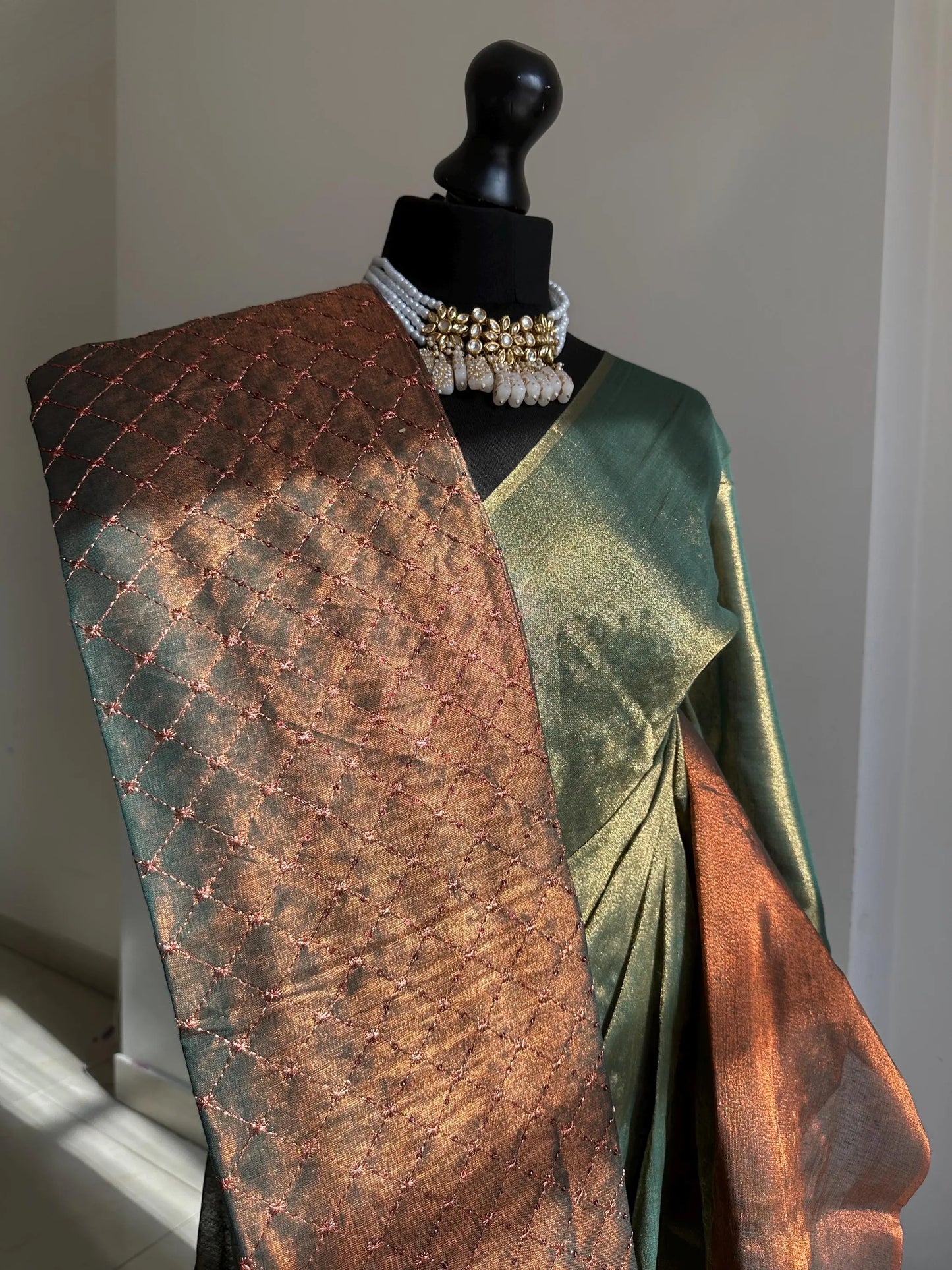 Copper green dual toned shimmer soft tissue saree with contrast sequinned blouse. Soft and light saree for sophisticated and unique look - LaiLai Sarees