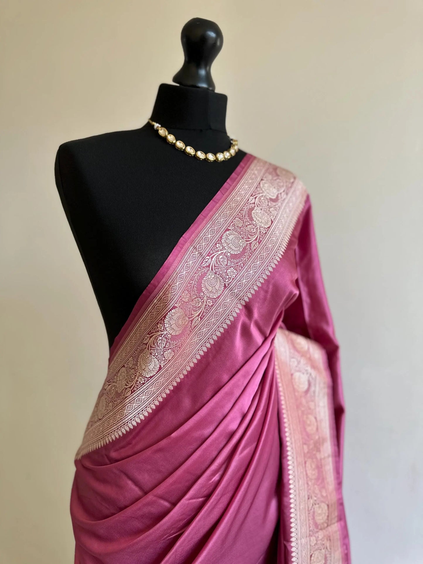 Banarasi silk pink katan wedding saree with gold Zari. Pink traditional silk saree with jaal design blouse. Jaal design silk saree - LaiLai Sarees