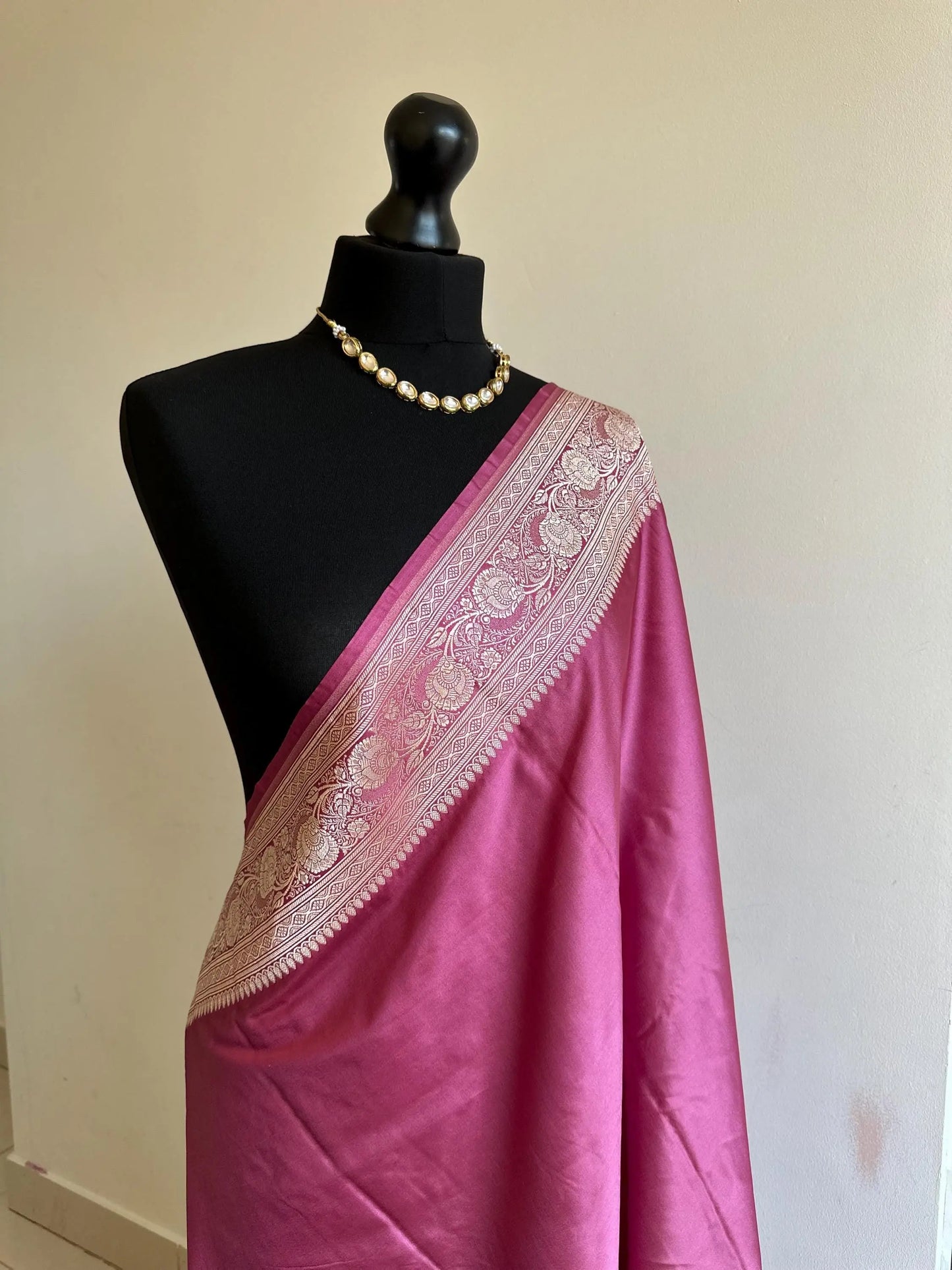 Banarasi silk pink katan wedding saree with gold Zari. Pink traditional silk saree with jaal design blouse. Jaal design silk saree - LaiLai Sarees