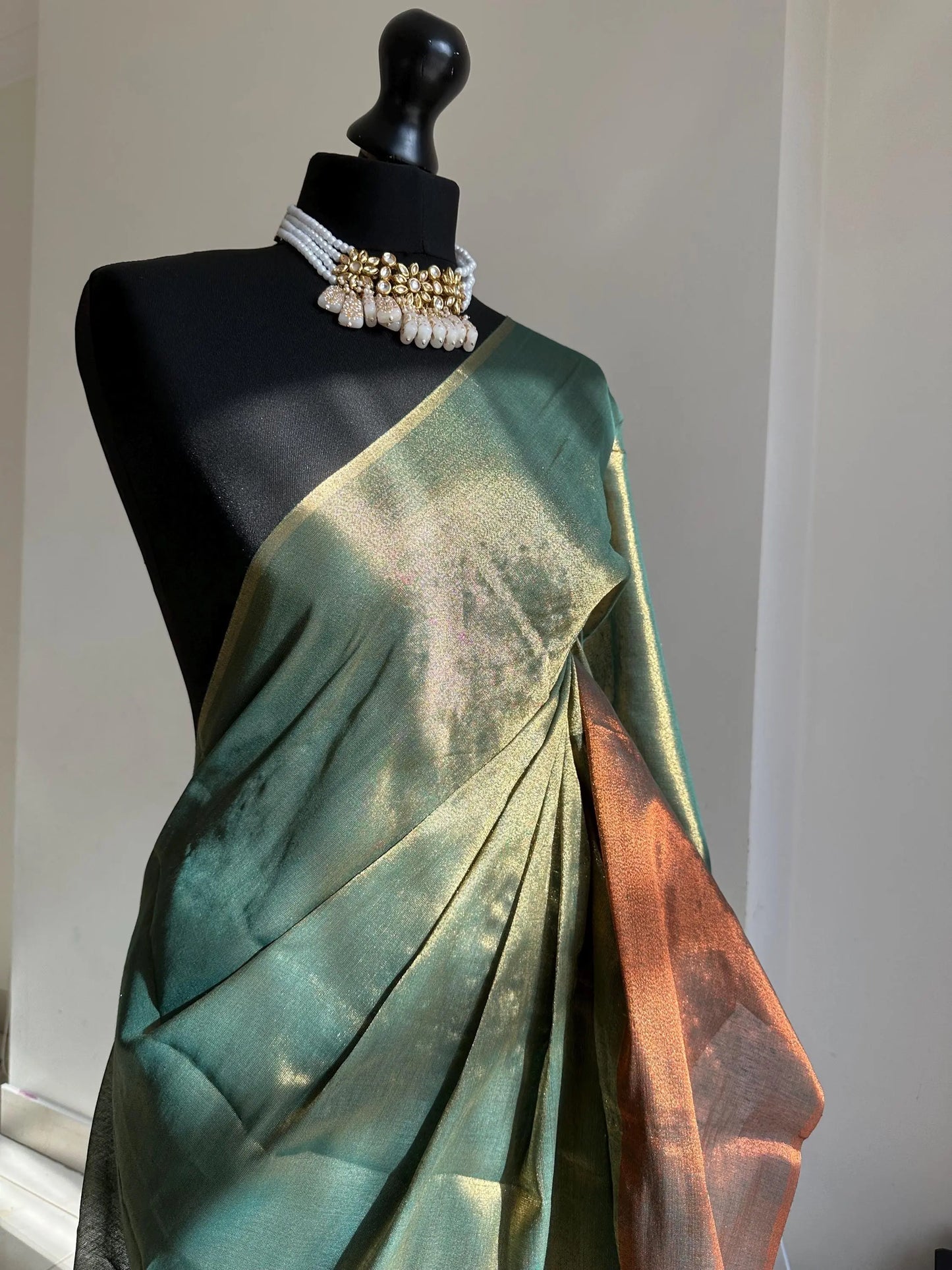 Copper green dual toned shimmer soft tissue saree with contrast sequinned blouse. Soft and light saree for sophisticated and unique look - LaiLai Sarees