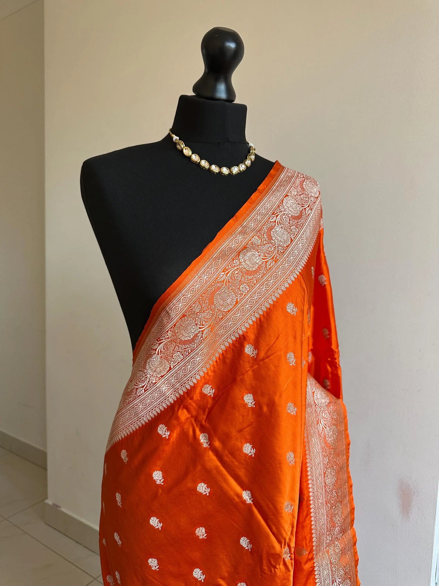 Banarasi silk orange Wedding Saree with contrast blouse in pink. Designer traditional saree with gold zari. Statement saree for all events - LaiLai Sarees