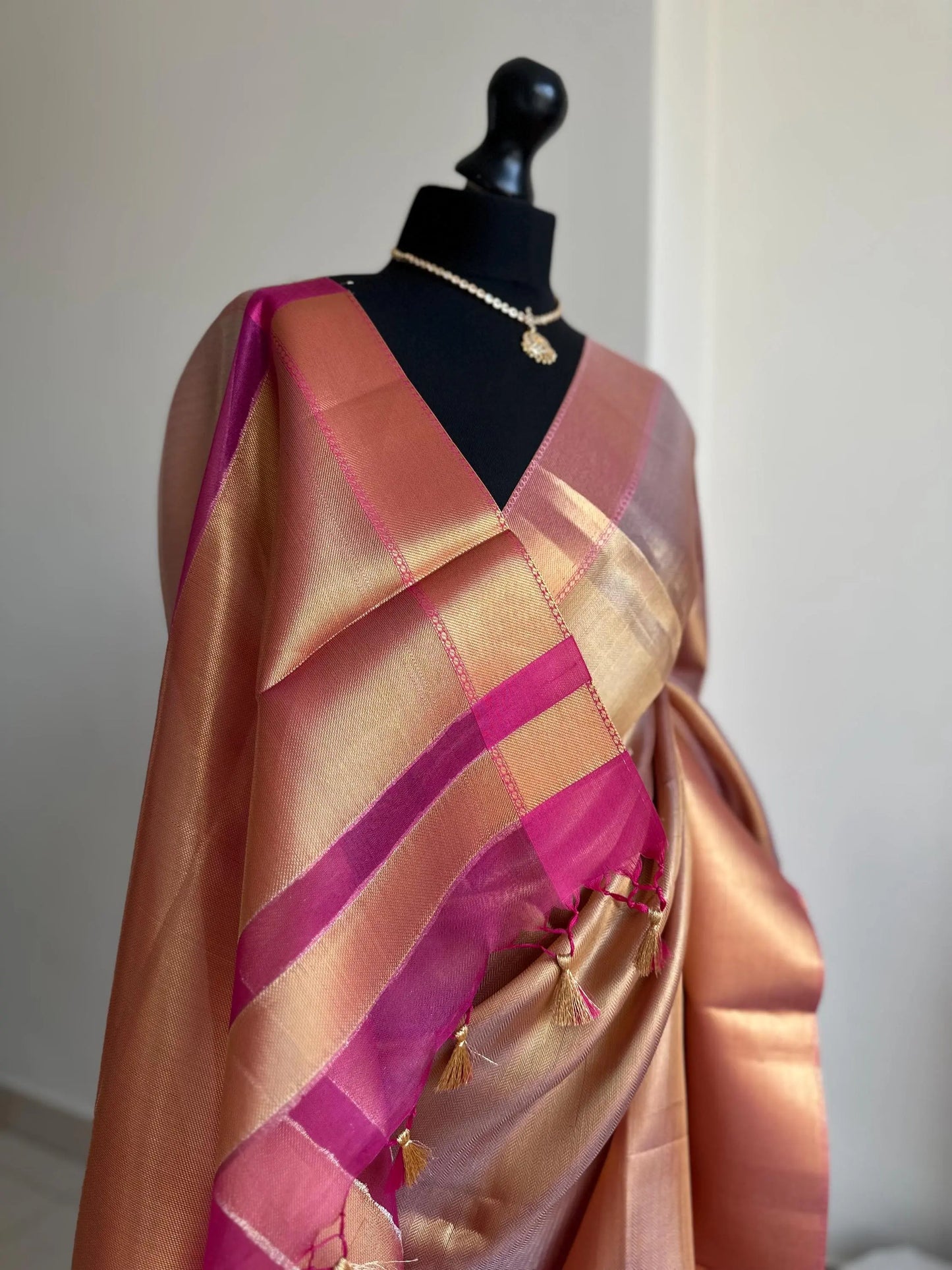 Gold and pink soft tissue saree with border & unstitched blouse elegant wedding guest, party or traditional wear for a unique ethnic look Etsy
