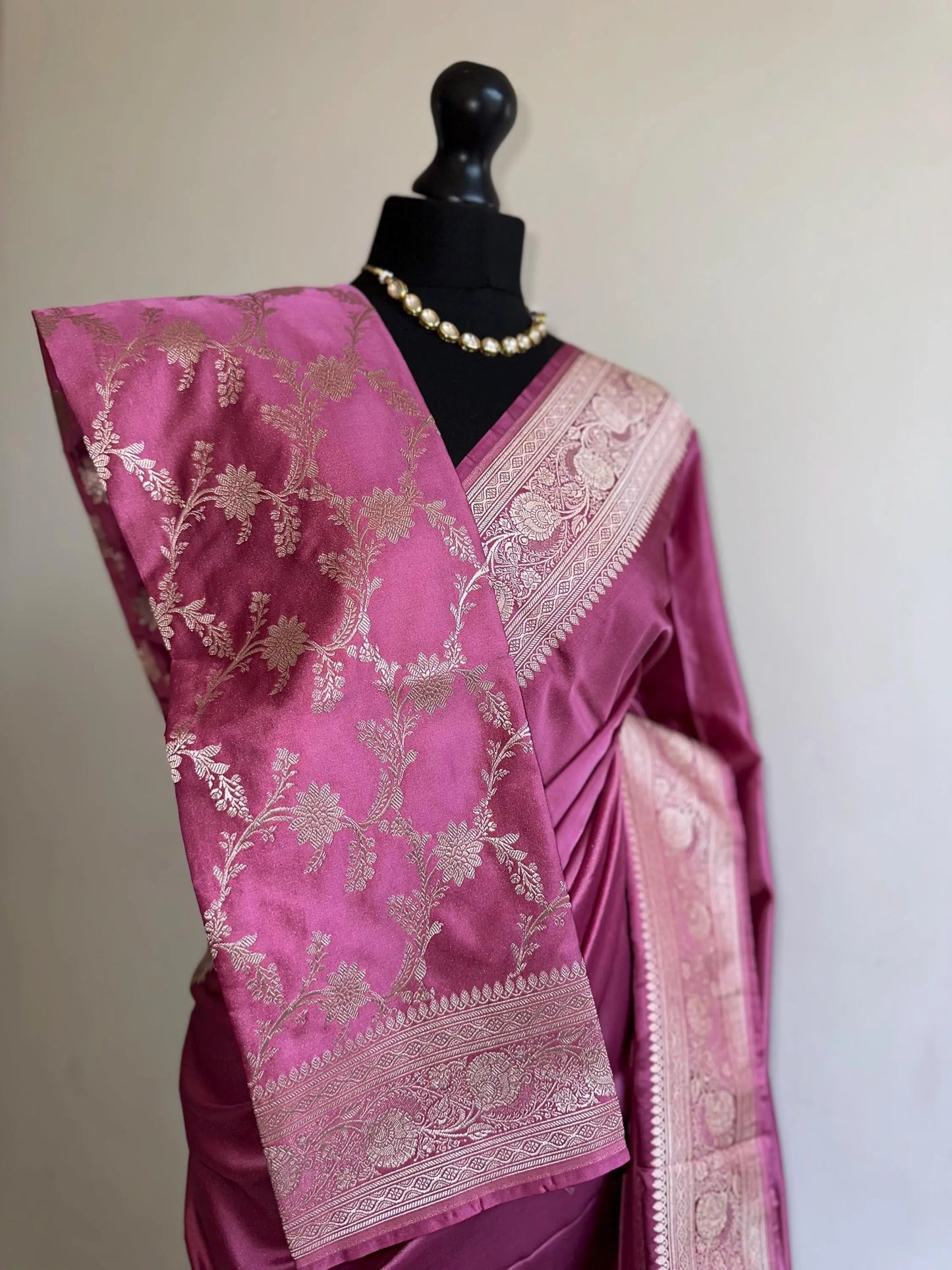 Banarasi silk pink katan wedding saree with gold Zari. Pink traditional silk saree with jaal design blouse. Jaal design silk saree - LaiLai Sarees