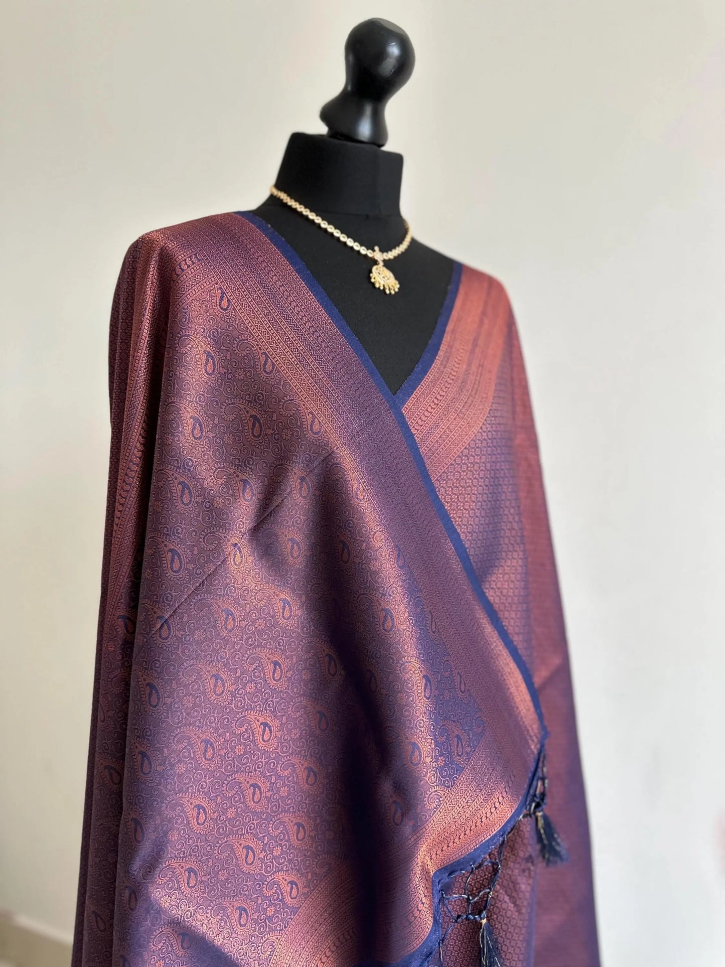 Navy blue and copper kubera saree with border and all over sheen -