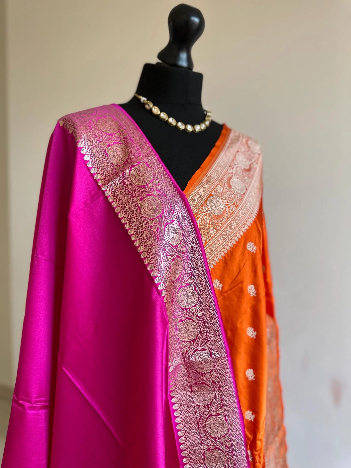 Banarasi silk orange Wedding Saree with contrast blouse in pink. Designer traditional saree with gold zari. Statement saree for all events - LaiLai Sarees