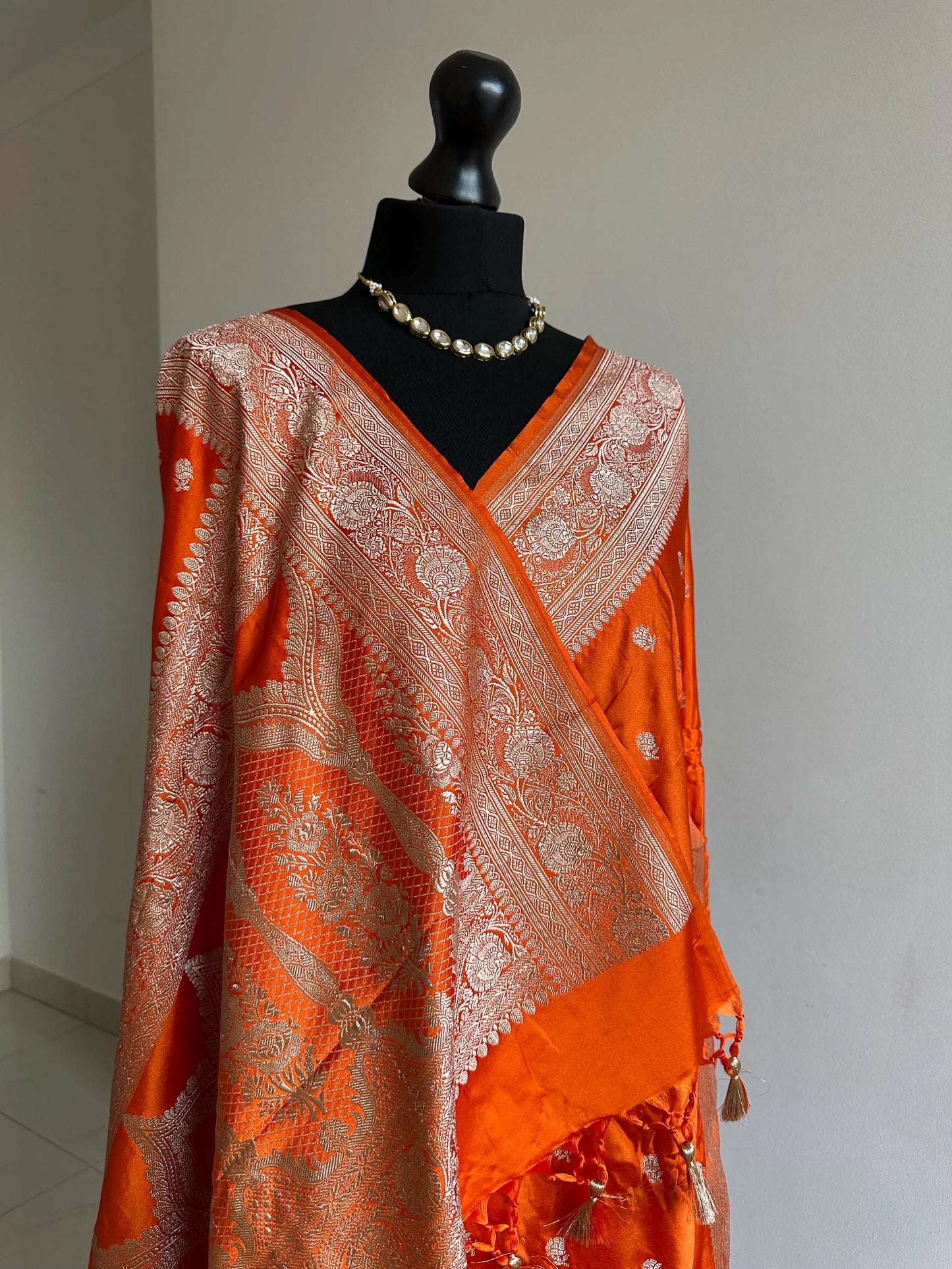 Banarasi silk orange Wedding Saree with contrast blouse in pink. Designer traditional saree with gold zari. Statement saree for all events - LaiLai Sarees