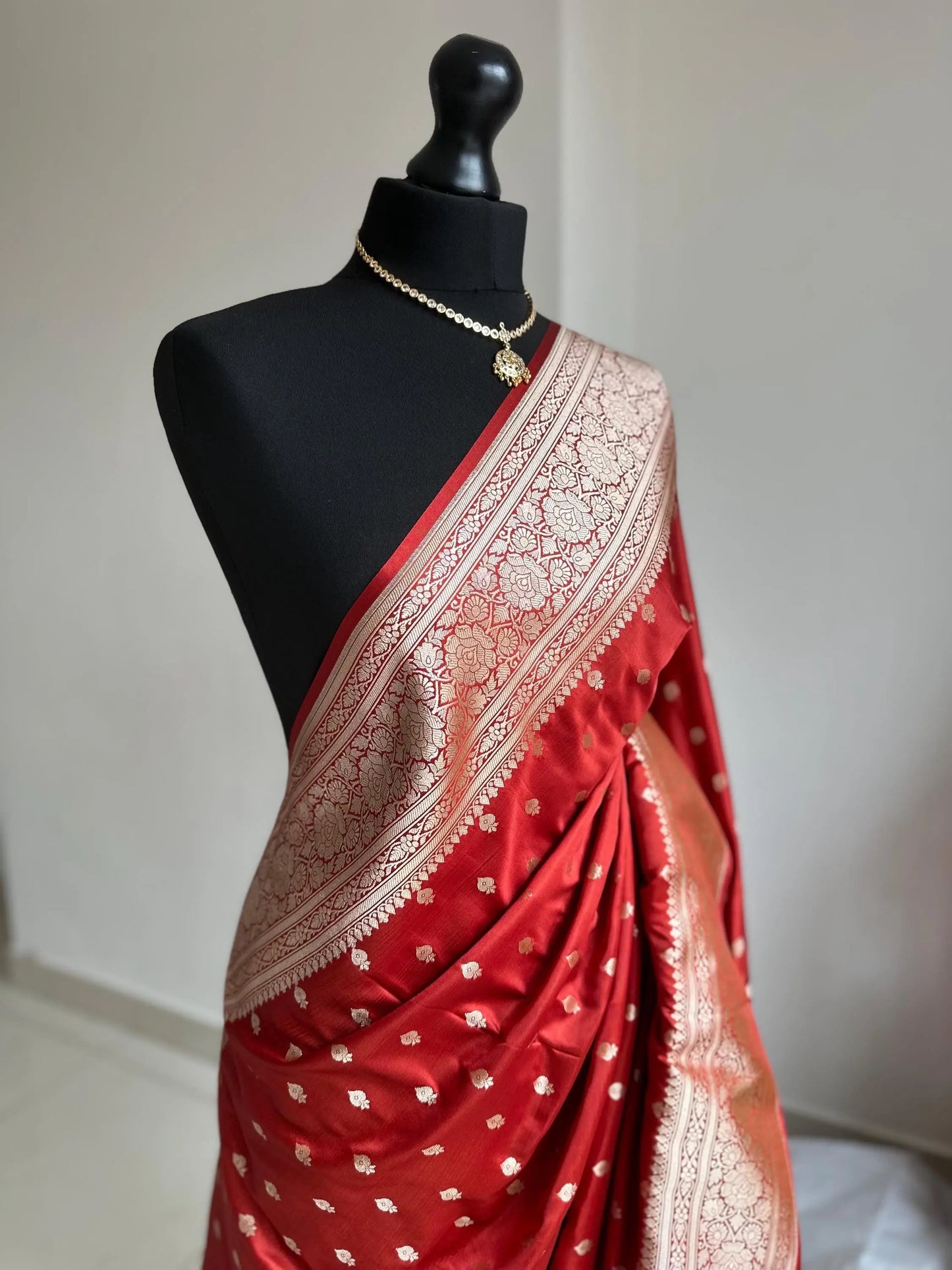 Banarasi silk brick red wedding saree with gold zari - LaiLai Sarees