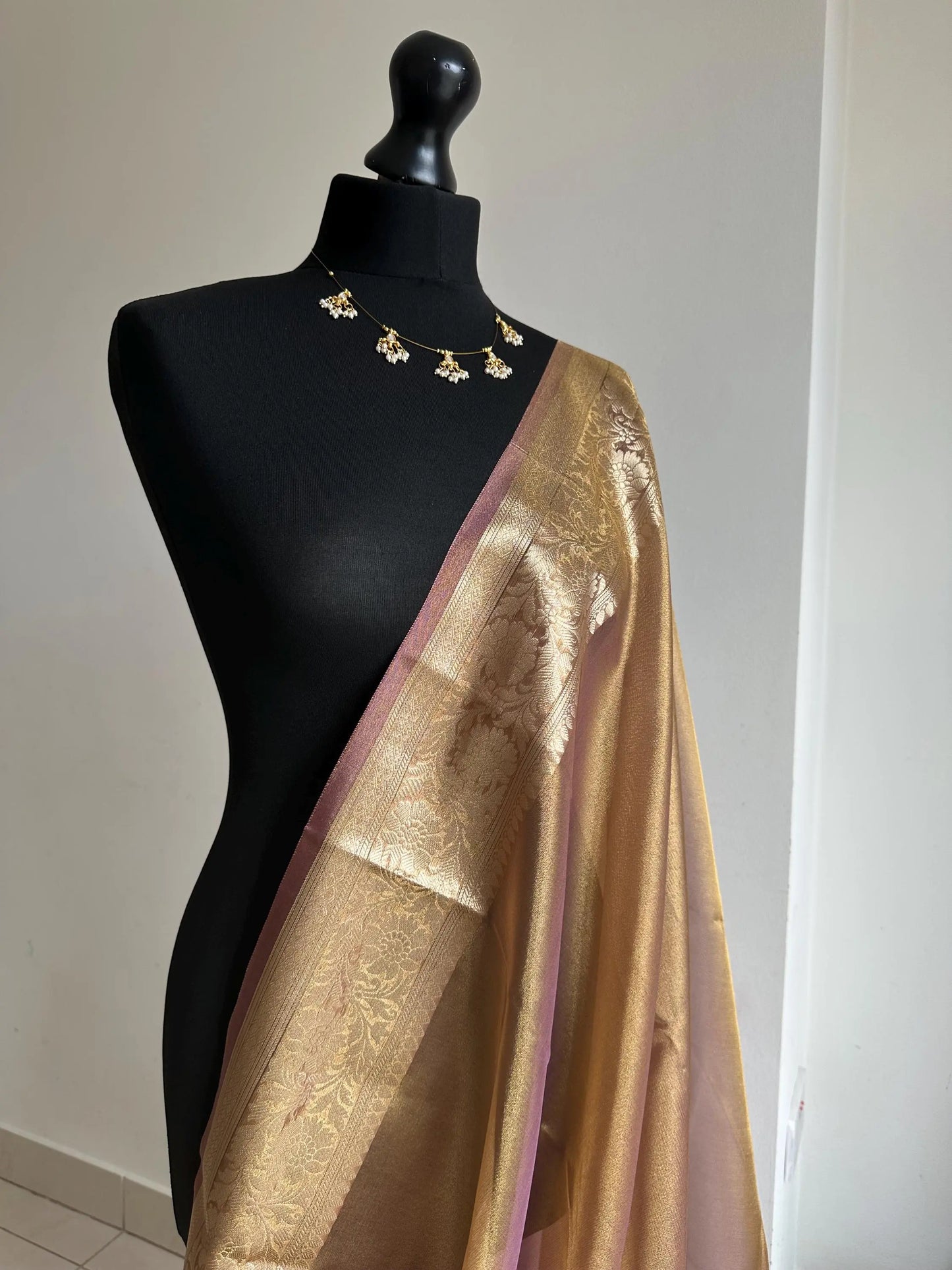 Gold Purple Shimmer Soft Tissue Saree with Border and Unstitched Blouse -