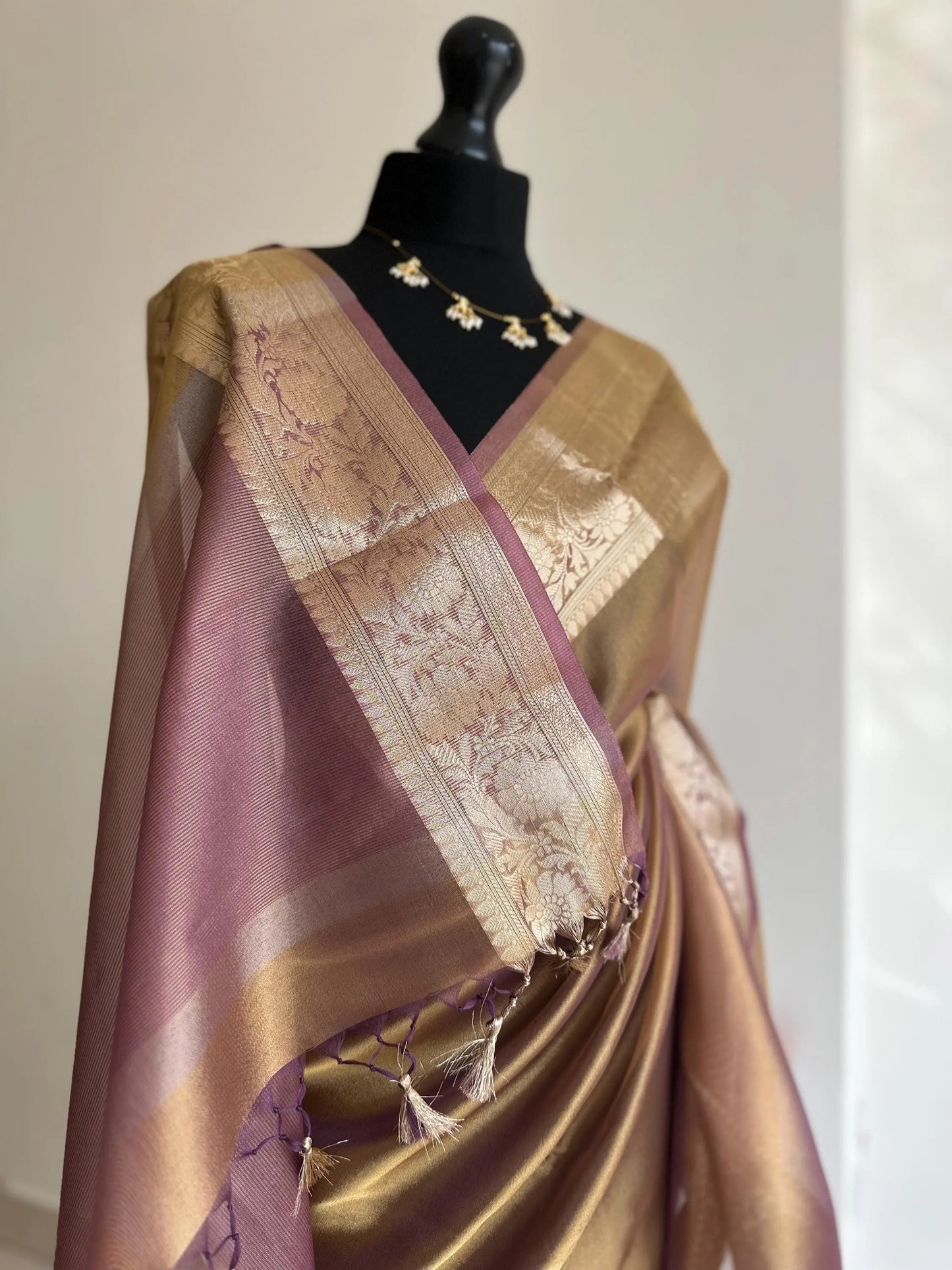 Gold Purple Shimmer Soft Tissue Saree with Border and Unstitched Blouse -