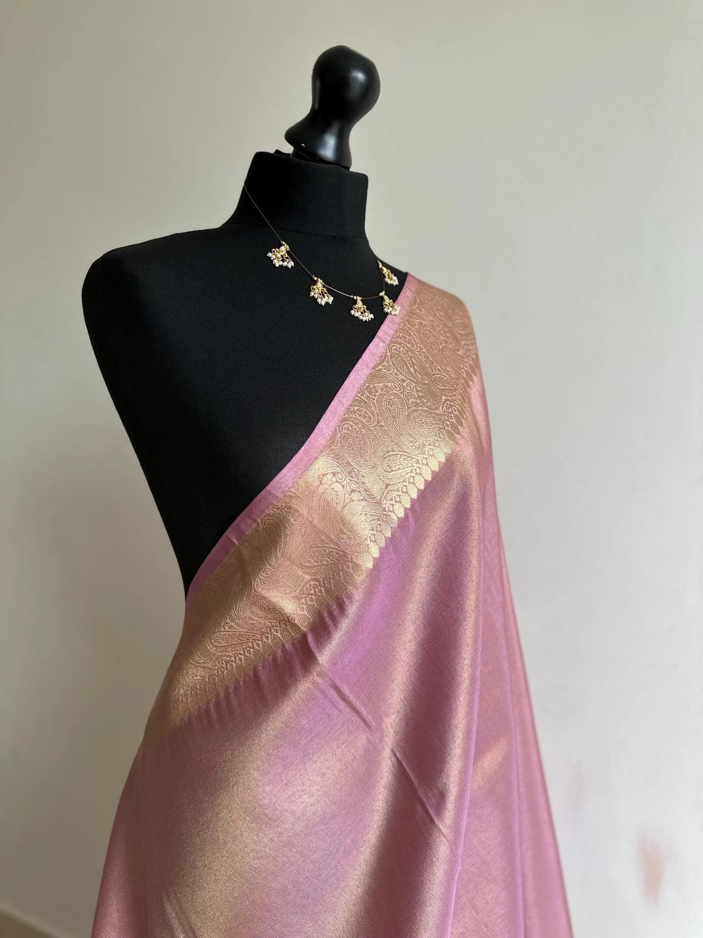 Dual Tone Tissue Silk Saree Gold and Pink with Zari, Rich Paisley Border and Pallu -