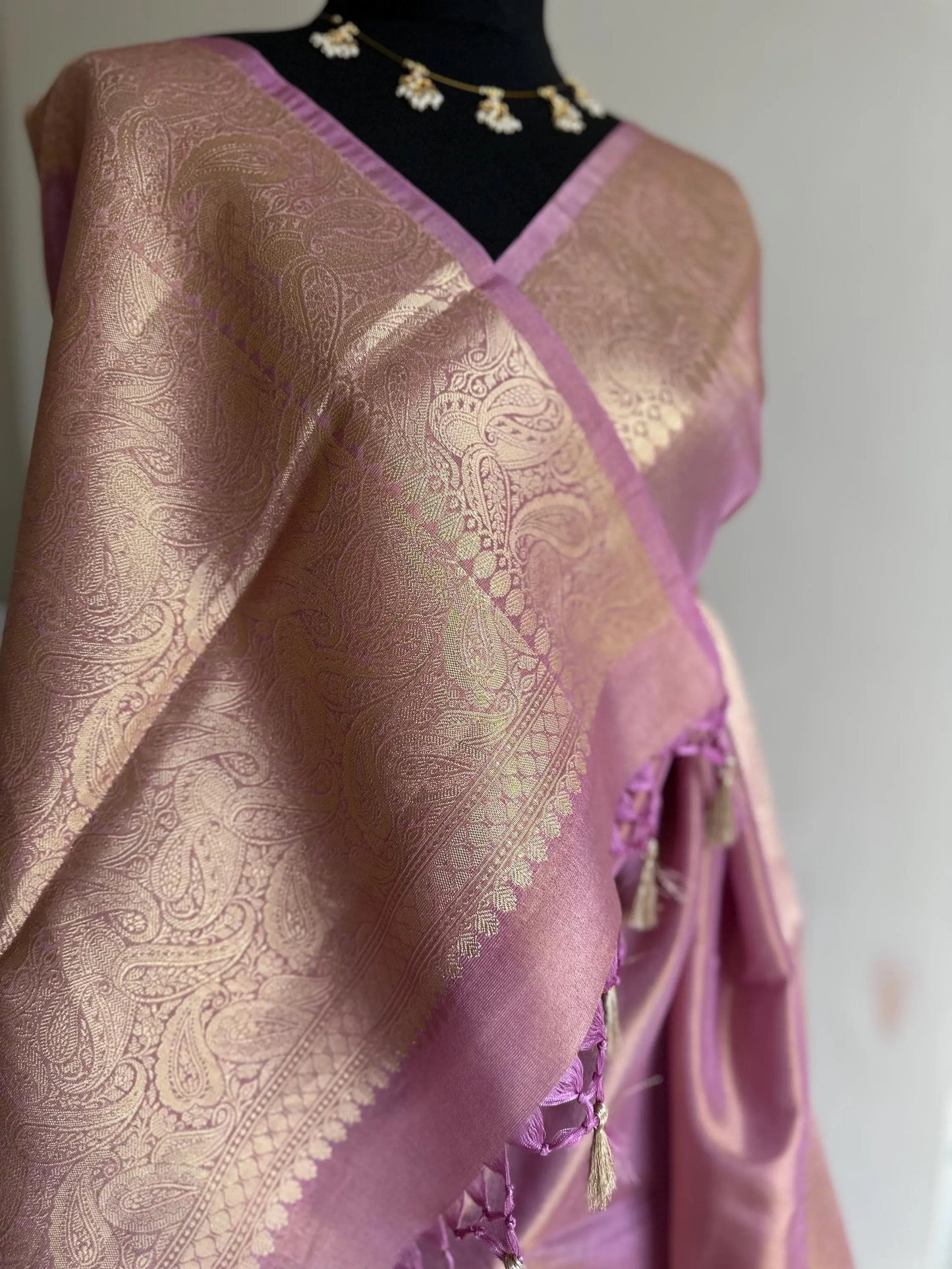 Dual Tone Tissue Silk Saree Gold and Pink with Zari, Rich Paisley Border and Pallu -