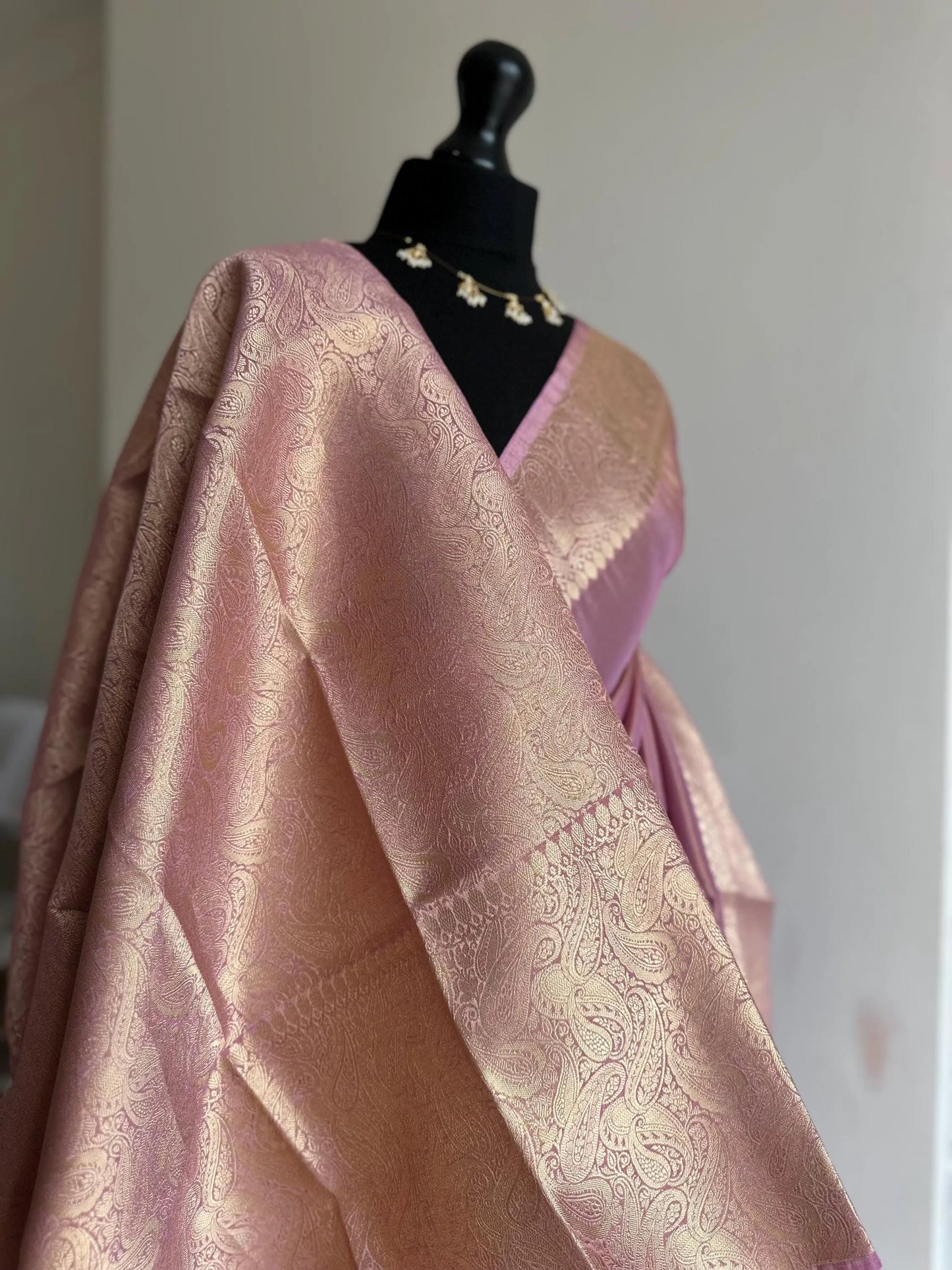 Dual Tone Tissue Silk Saree Gold and Pink with Zari, Rich Paisley Border and Pallu -