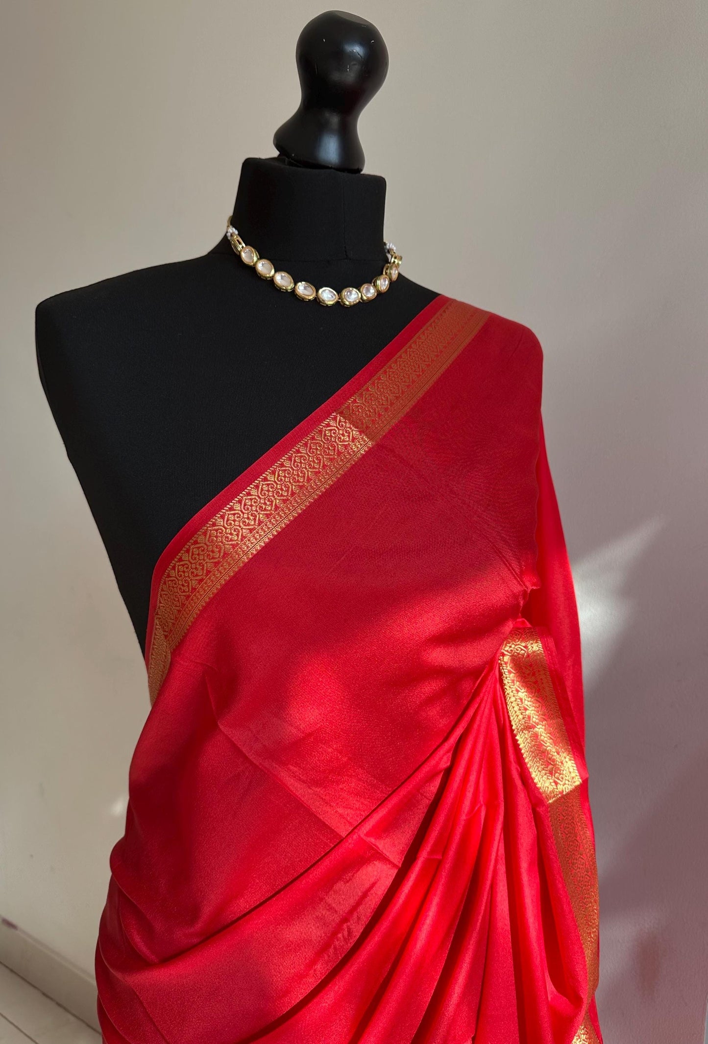 Mysore silk like saree in true red with gold border. Affordable art silk saree, super soft to drape. Stunning statement elegant saree