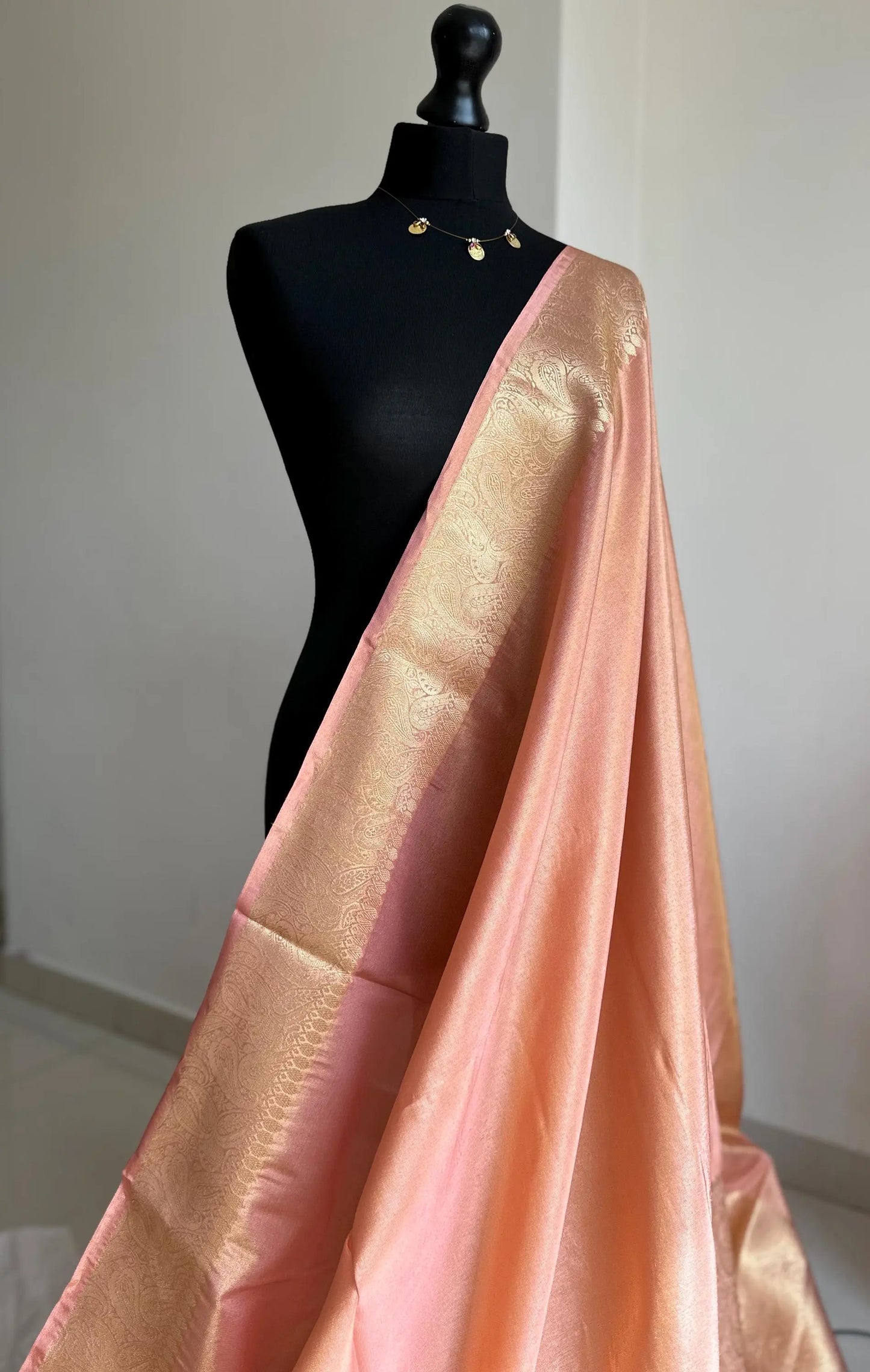 Peach tissue silk saree with gold zari border and brocade blouse. Banarasi style saree for wedding and festive wear -