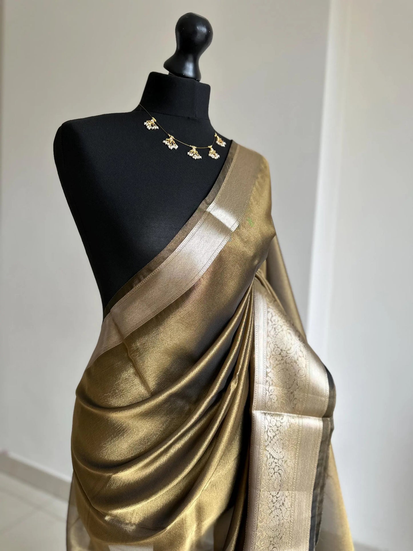 Black gold tissue saree with brocade border blouse. Dual tone zari wed wedding and party wear saree. Indian ethnic saree for all occasions LaiLai Sarees