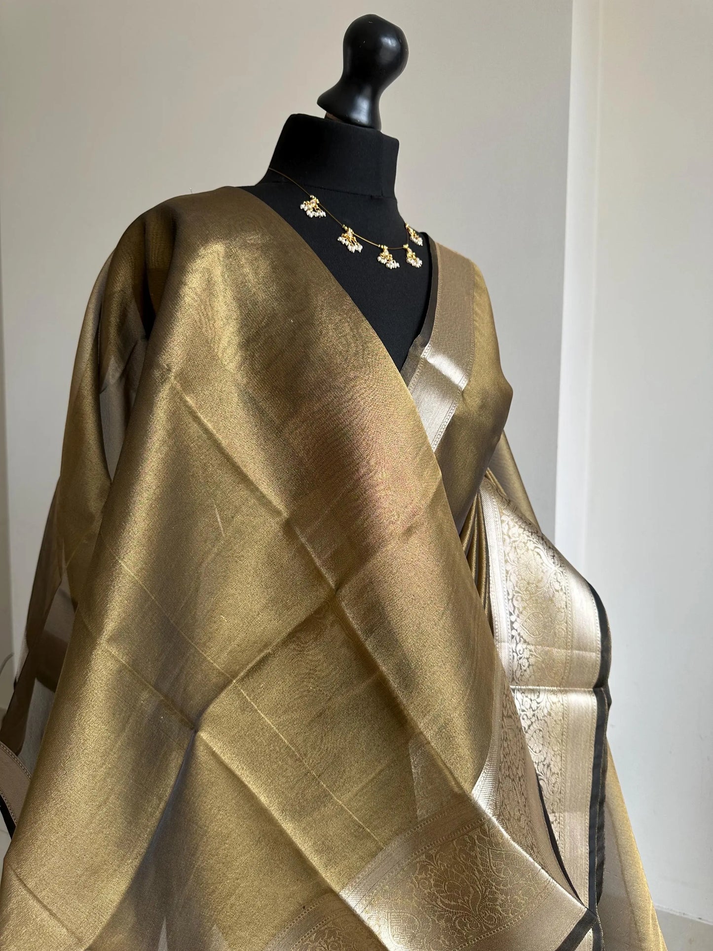 Black gold tissue saree with brocade border blouse. Dual tone zari wed wedding and party wear saree. Indian ethnic saree for all occasions LaiLai Sarees