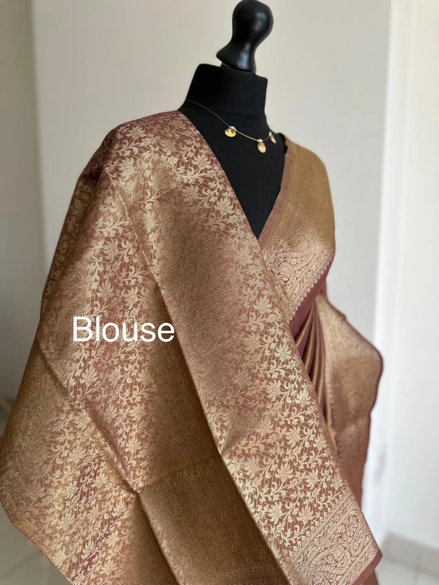 Gold and maroon dual toned plain shimmer soft tissue saree with border and unstitched blouse. Elegant wedding guest saree unique saree look LaiLai Sarees