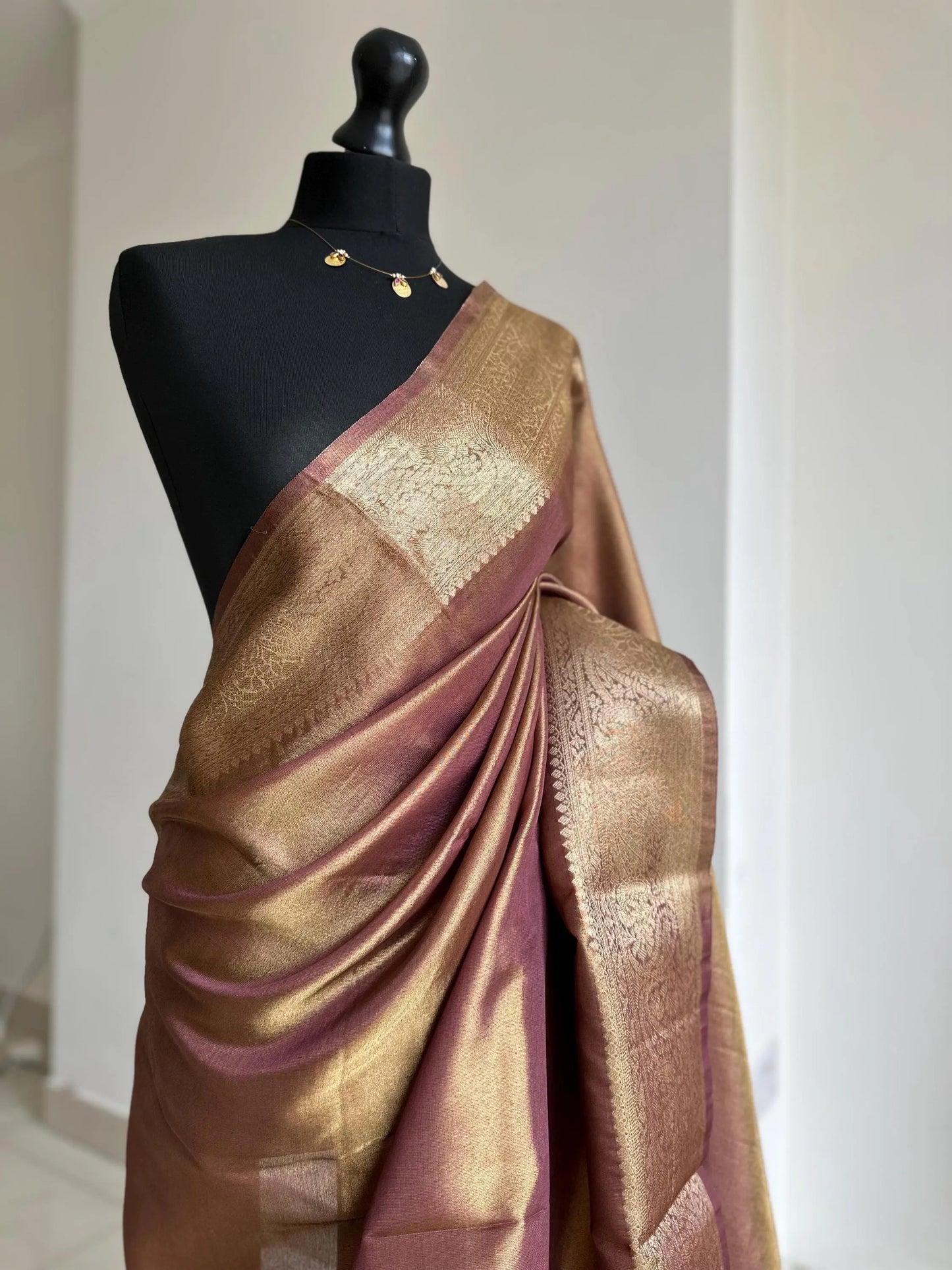 Gold and maroon dual toned plain shimmer soft tissue saree with border and unstitched blouse. Elegant wedding guest saree unique saree look LaiLai Sarees