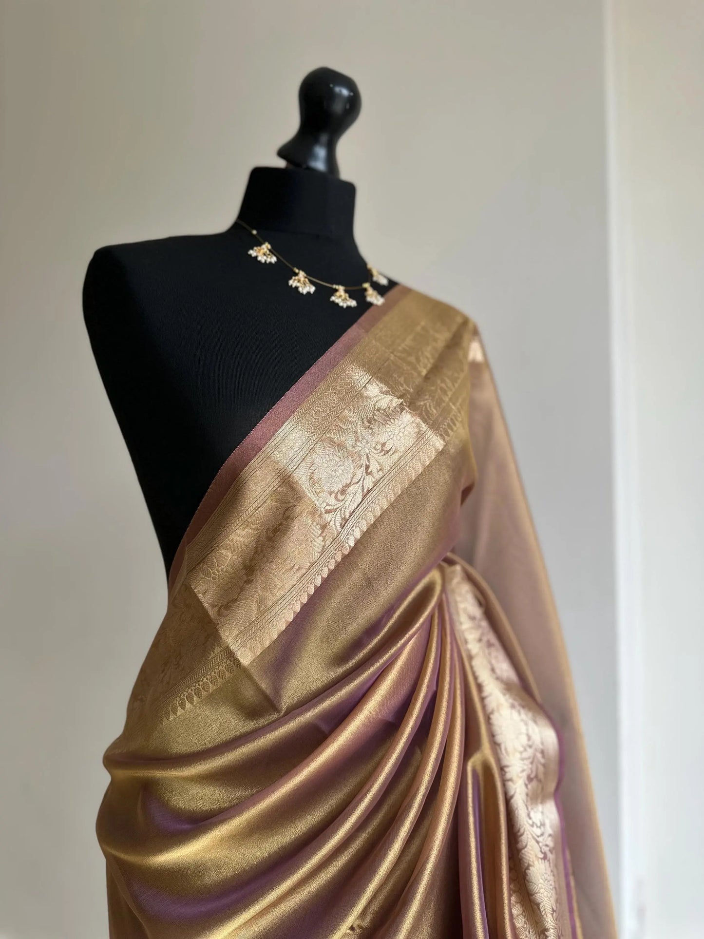 Gold Purple Shimmer Soft Tissue Saree with Border and Unstitched Blouse -