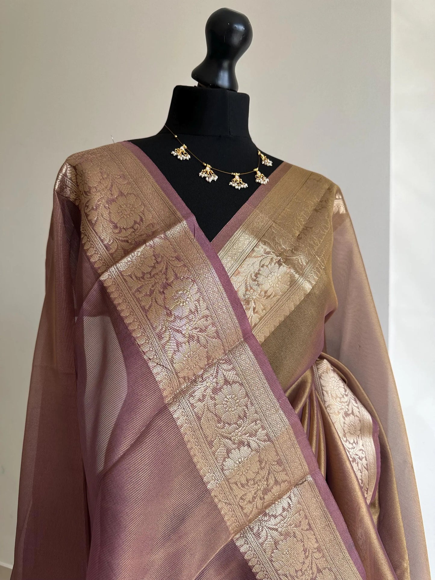 Gold Purple Shimmer Soft Tissue Saree with Border and Unstitched Blouse -