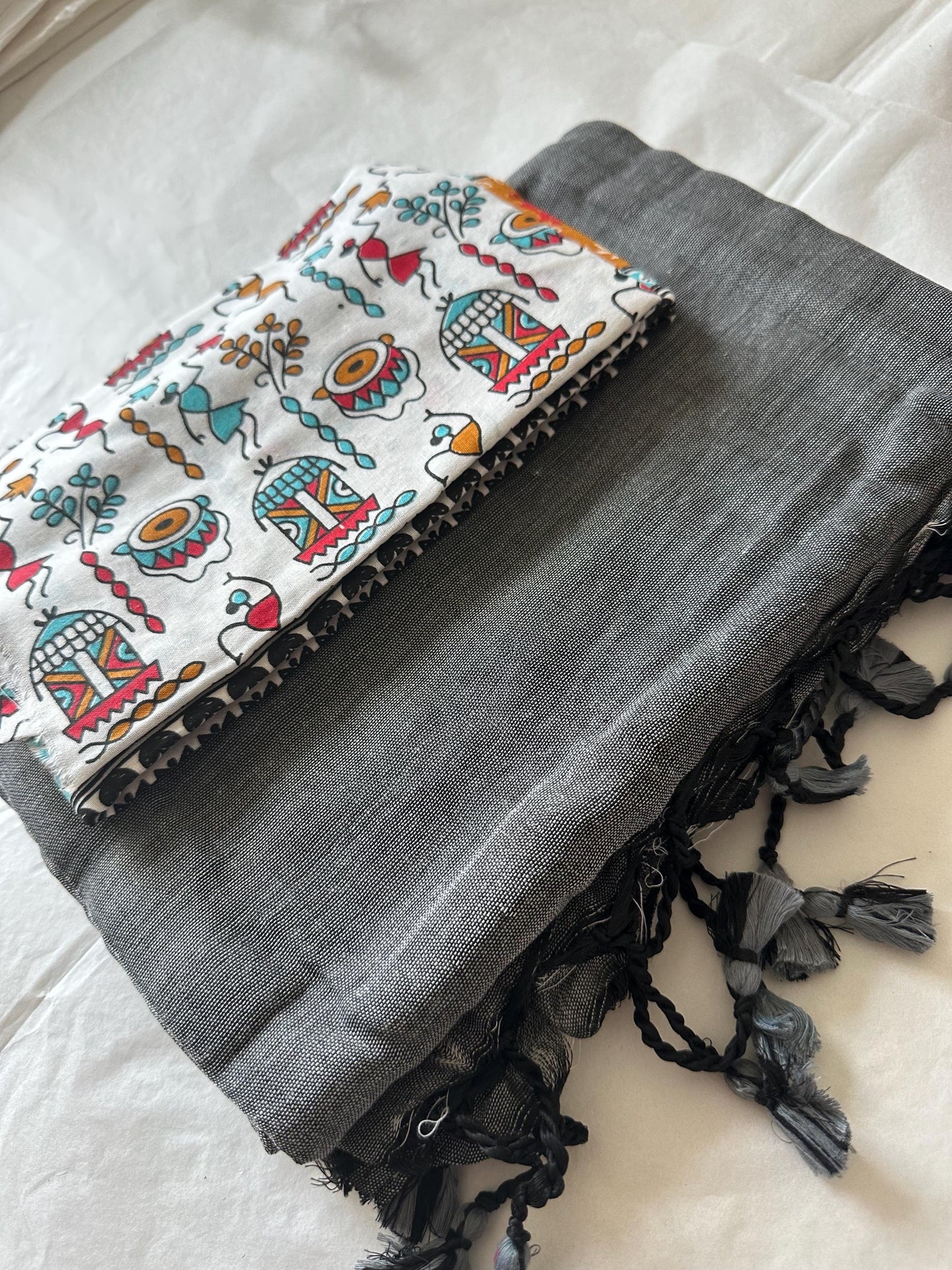 Handwoven Grey Cotton Saree with Kalamkari Blouse | Ethnic Block Print Blouse | Soft Cotton Saree for Women | Indian Saree