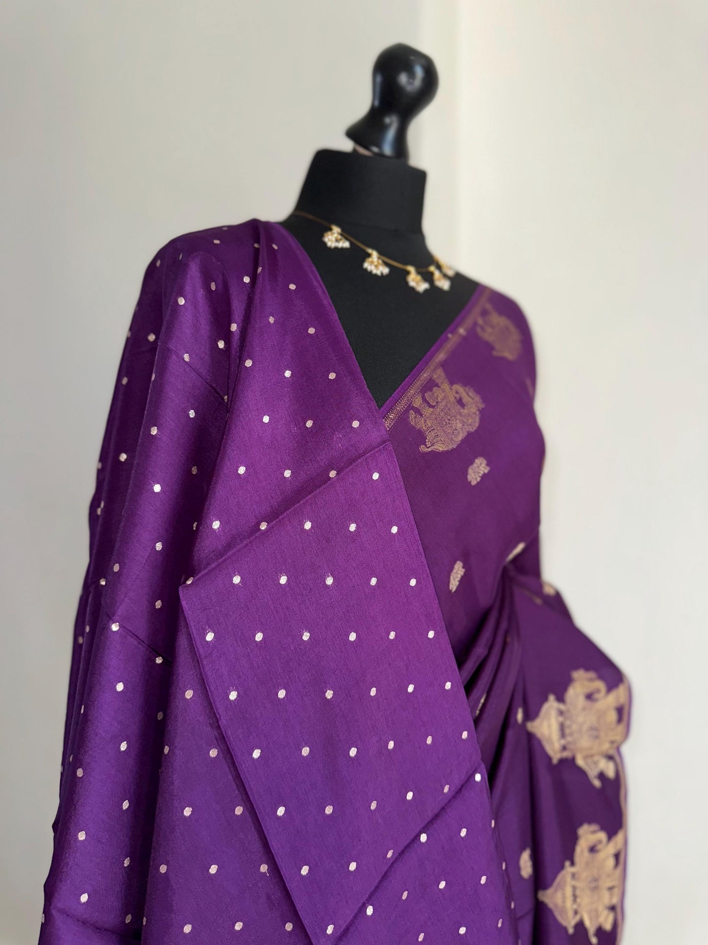 Purple semi silk saree with subtle gold zari elephant border and polka dot blouse. Traditional Indian saree elegant festive wear