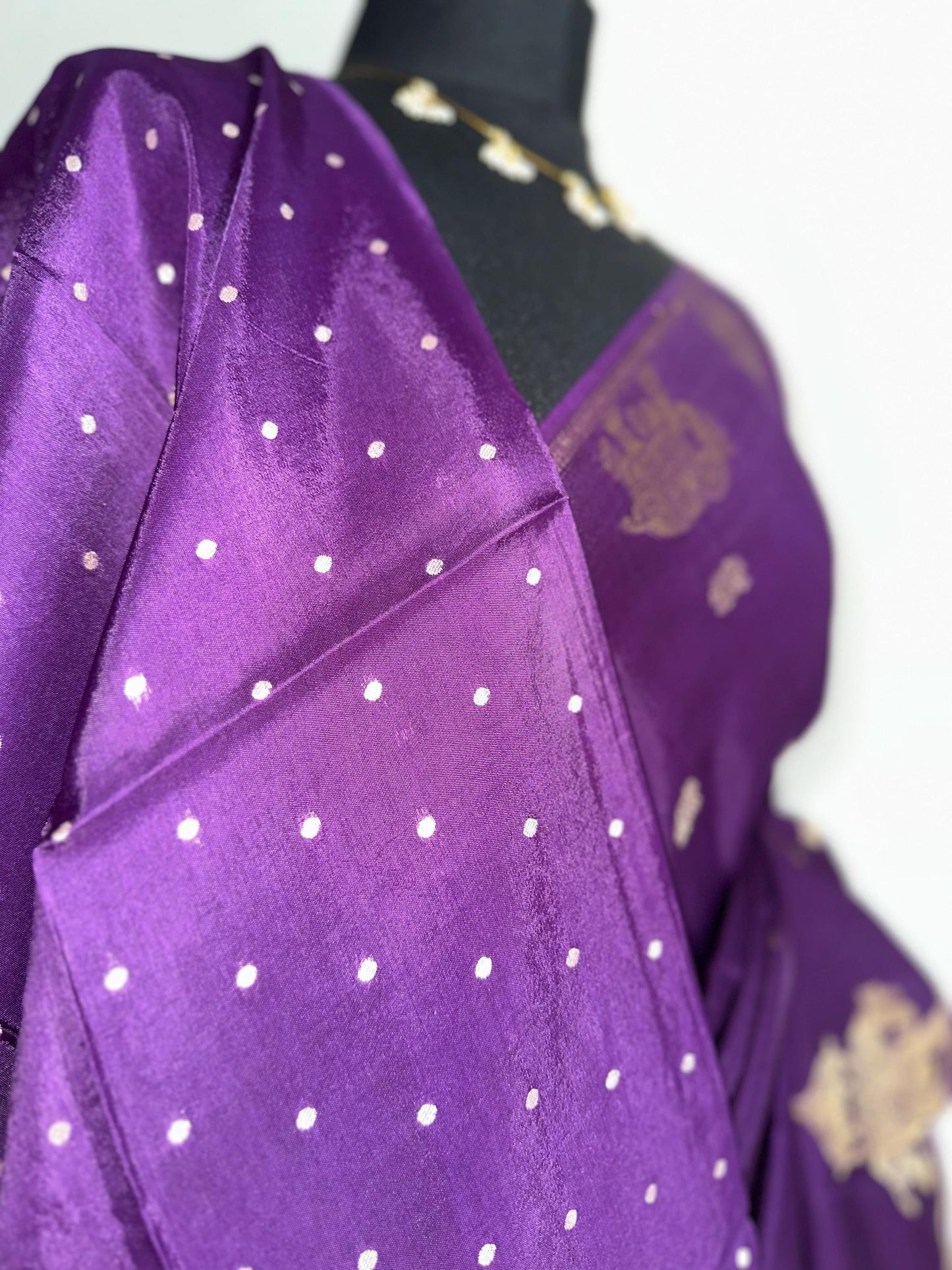 Purple semi silk saree with subtle gold zari elephant border and polka dot blouse. Traditional Indian saree elegant festive wear
