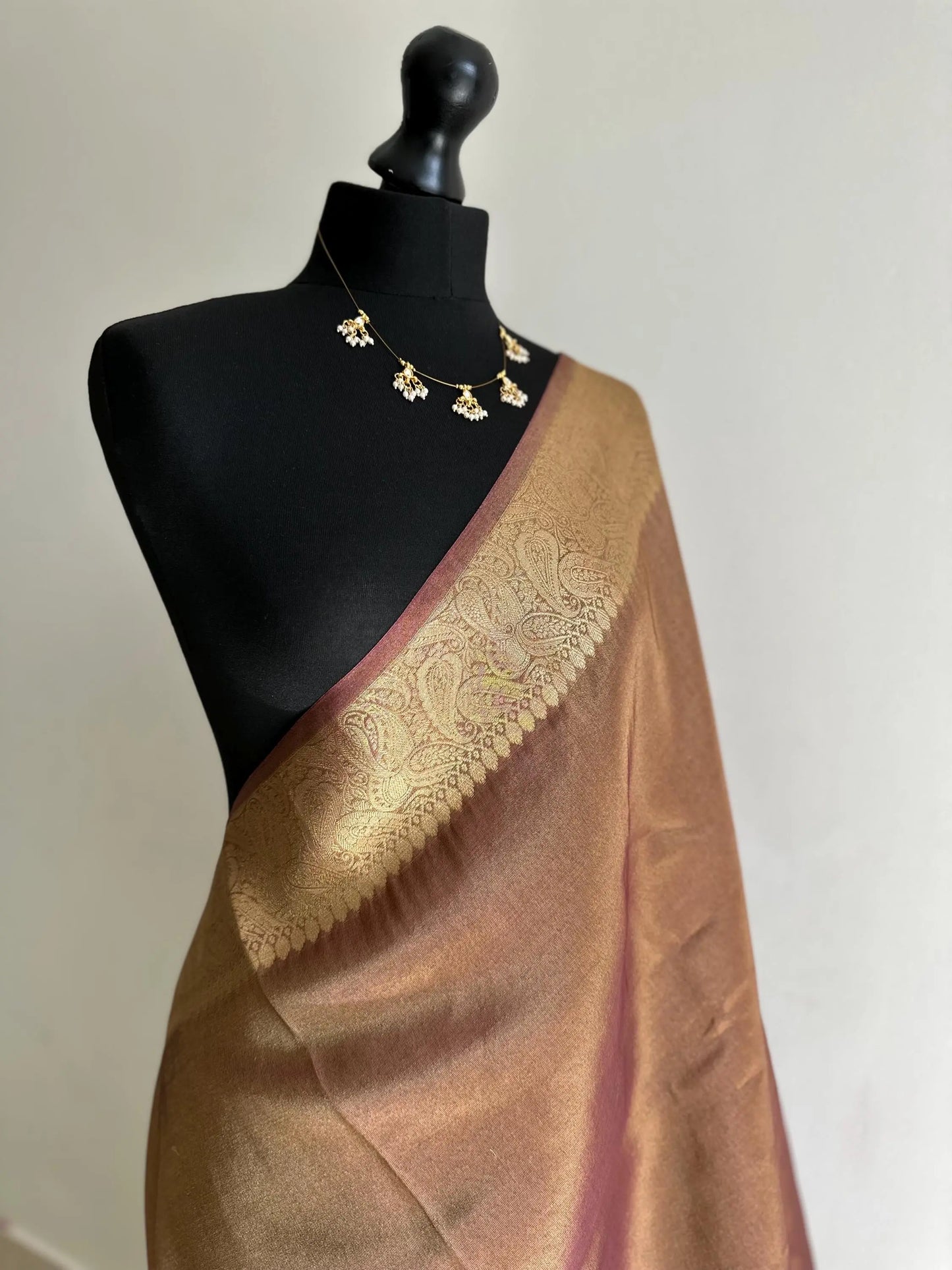 Dual Tone Tissue Silk Saree Gold Mauve-Maroon with Zari Paisley Border -