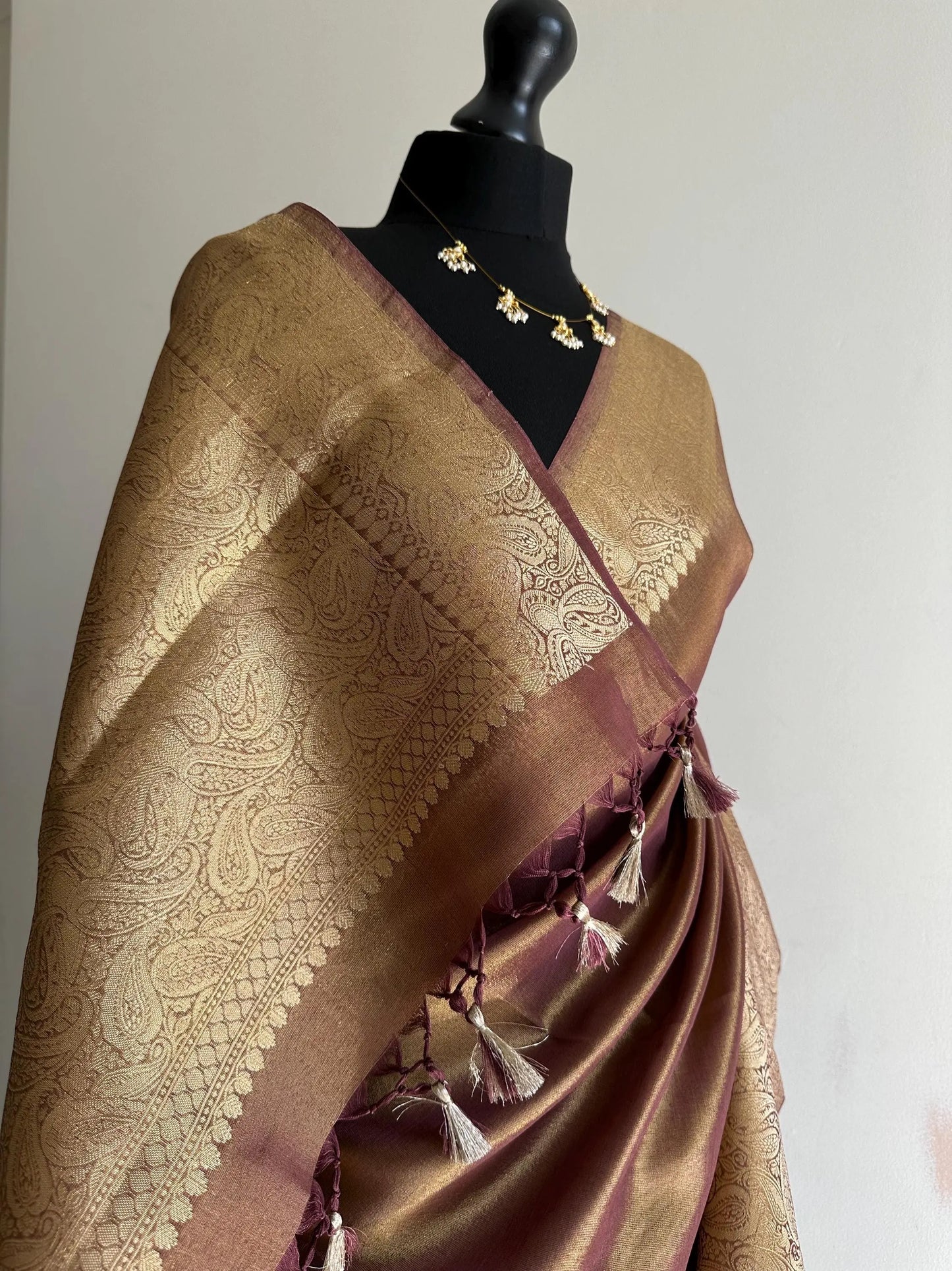 Dual Tone Tissue Silk Saree Gold Mauve-Maroon with Zari Paisley Border -