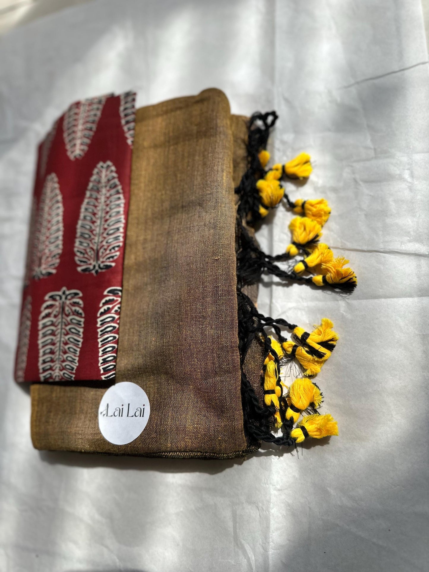 Black cotton handloom saree with yellow undertones and kalamkari art blouse. Very soft pure khadi cotton saree. Contrast printed blouse.