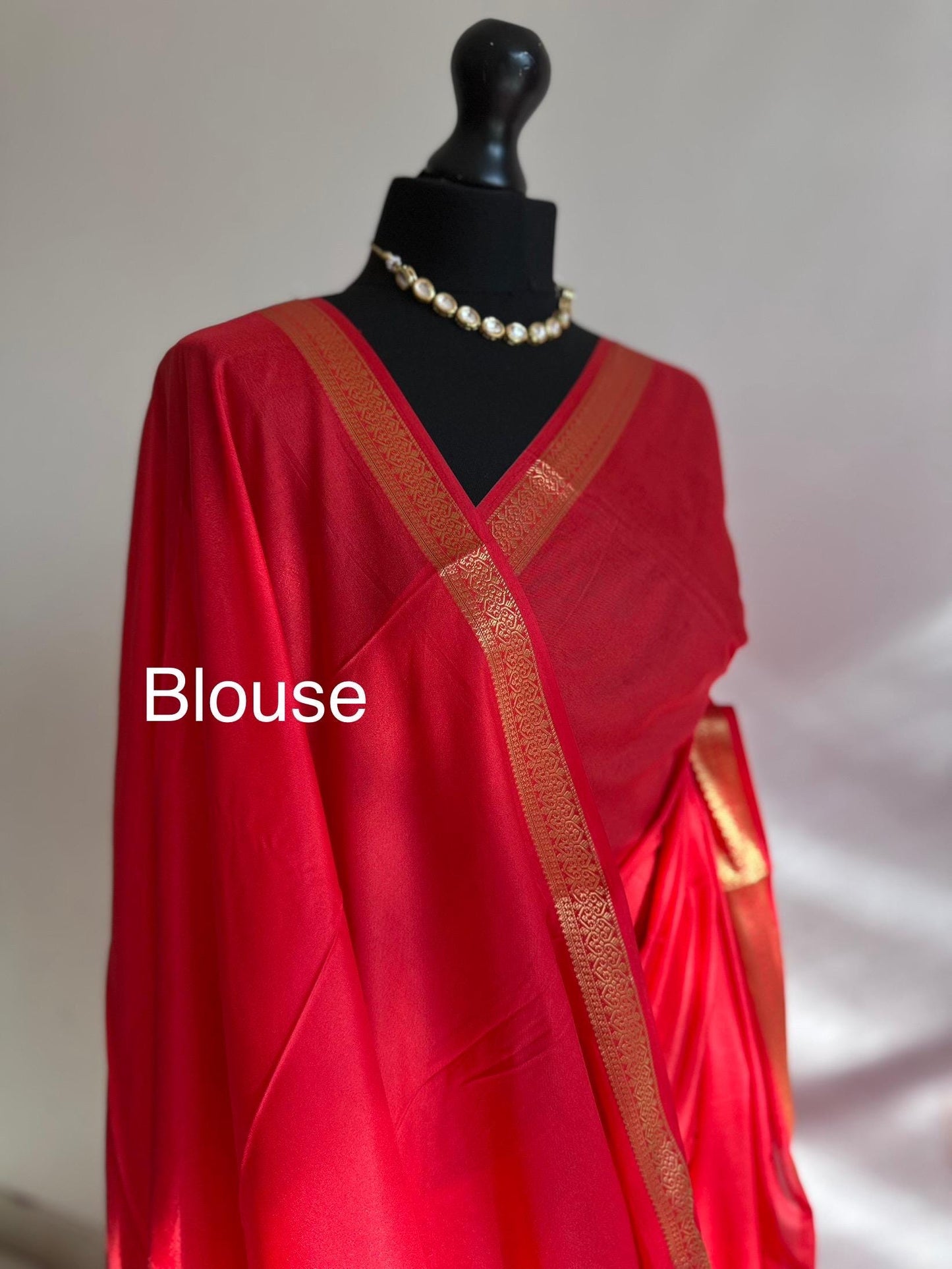Mysore silk like saree in true red with gold border. Affordable art silk saree, super soft to drape. Stunning statement elegant saree