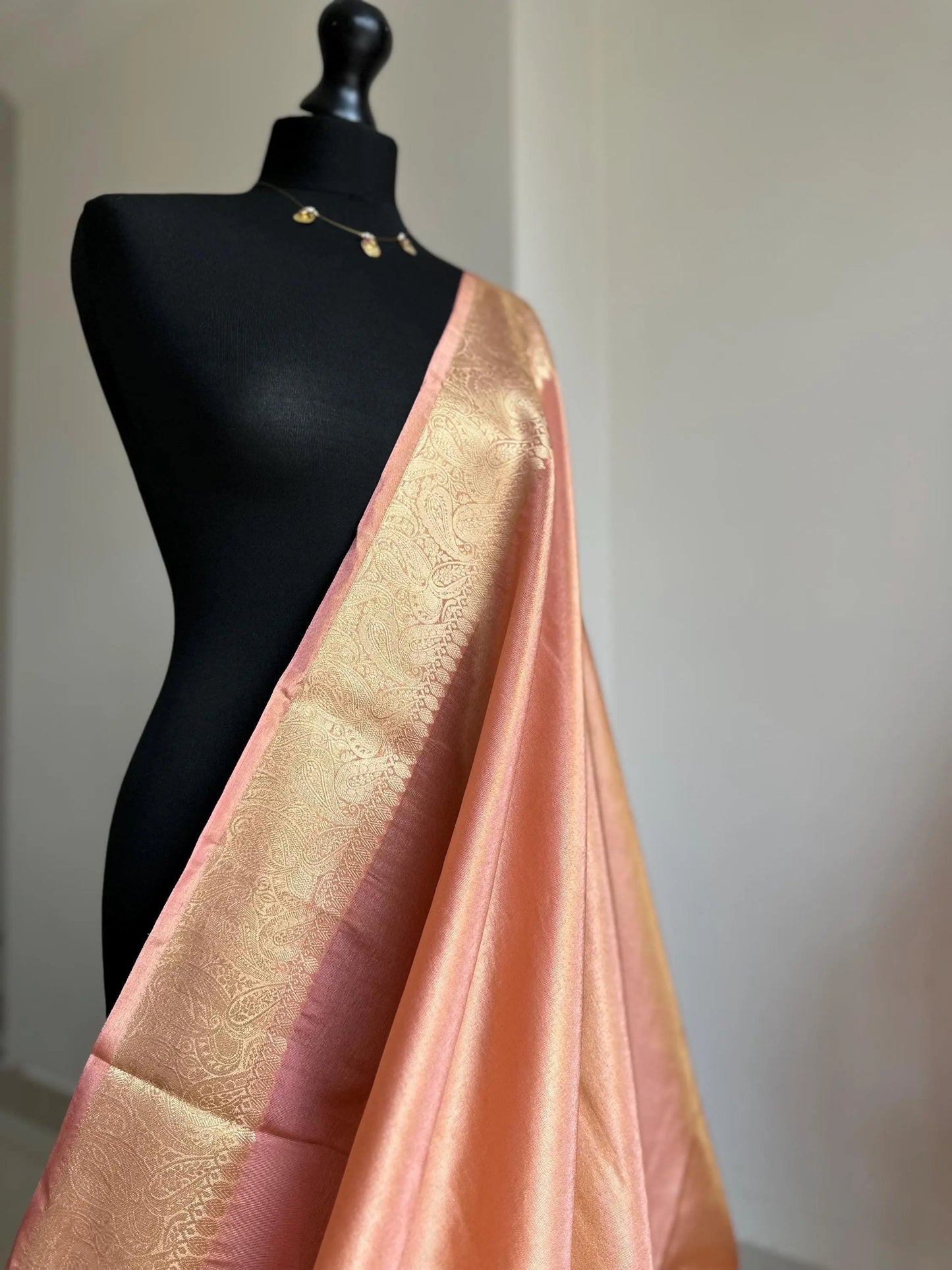 Peach tissue silk saree with gold zari border and brocade blouse. Banarasi style saree for wedding and festive wear -