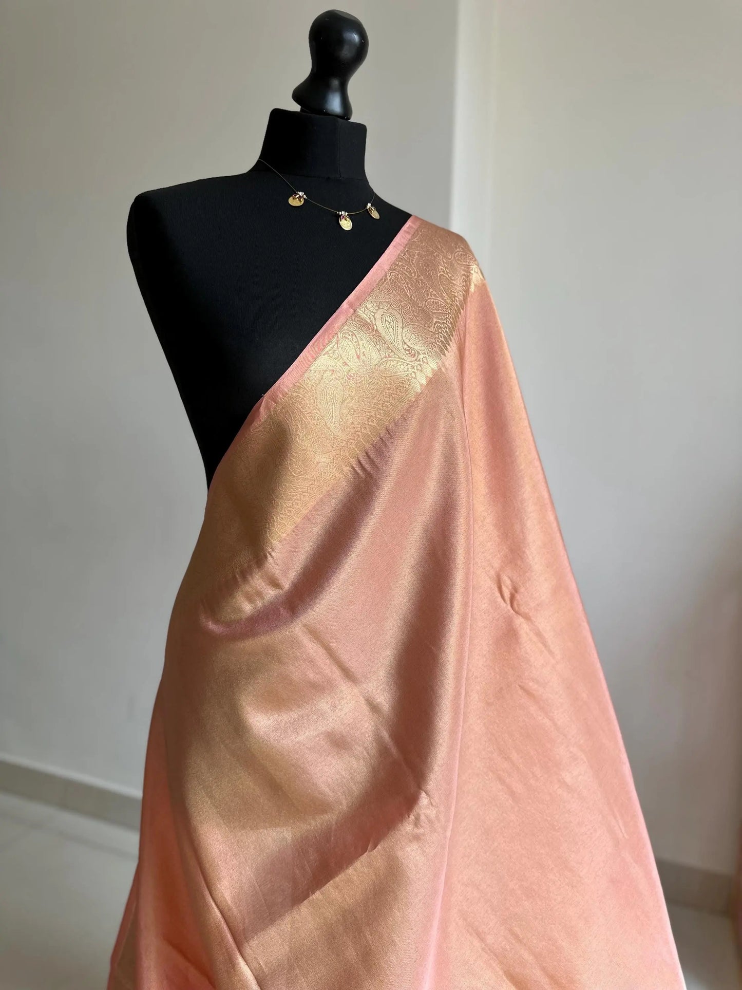 Peach tissue silk saree with gold zari border and brocade blouse. Banarasi style saree for wedding and festive wear -