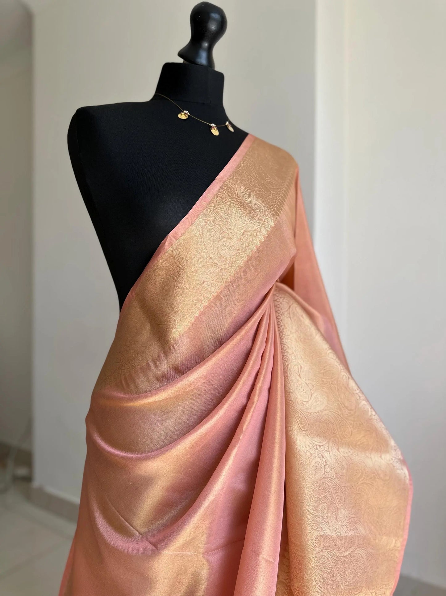 Peach tissue silk saree with gold zari border and brocade blouse. Banarasi style saree for wedding and festive wear -