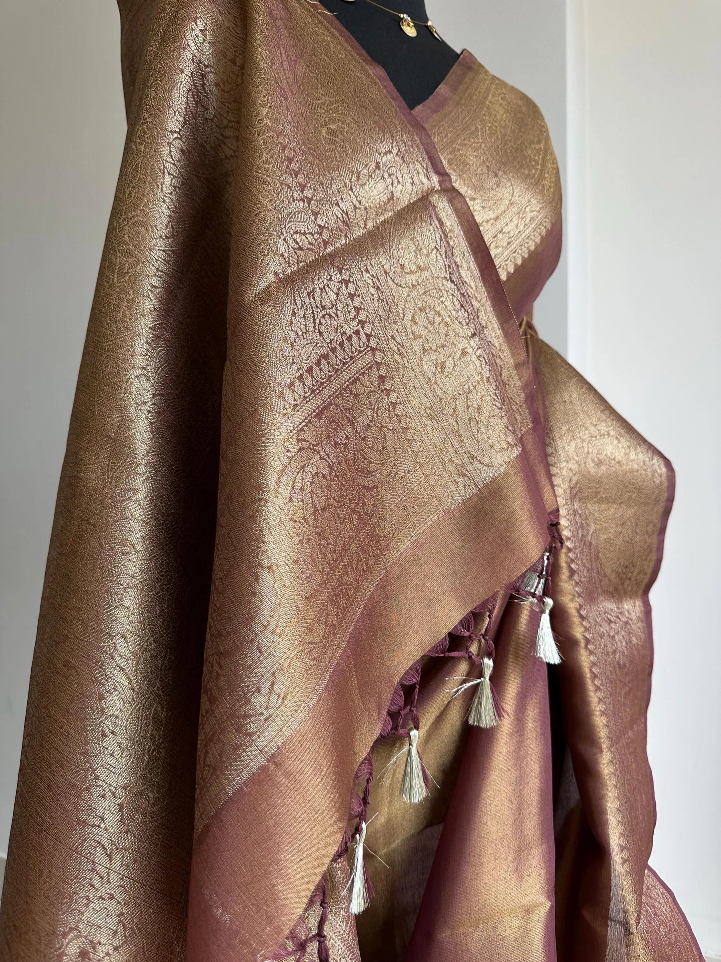Gold and maroon dual toned plain shimmer soft tissue saree with border and unstitched blouse. Elegant wedding guest saree unique saree look LaiLai Sarees