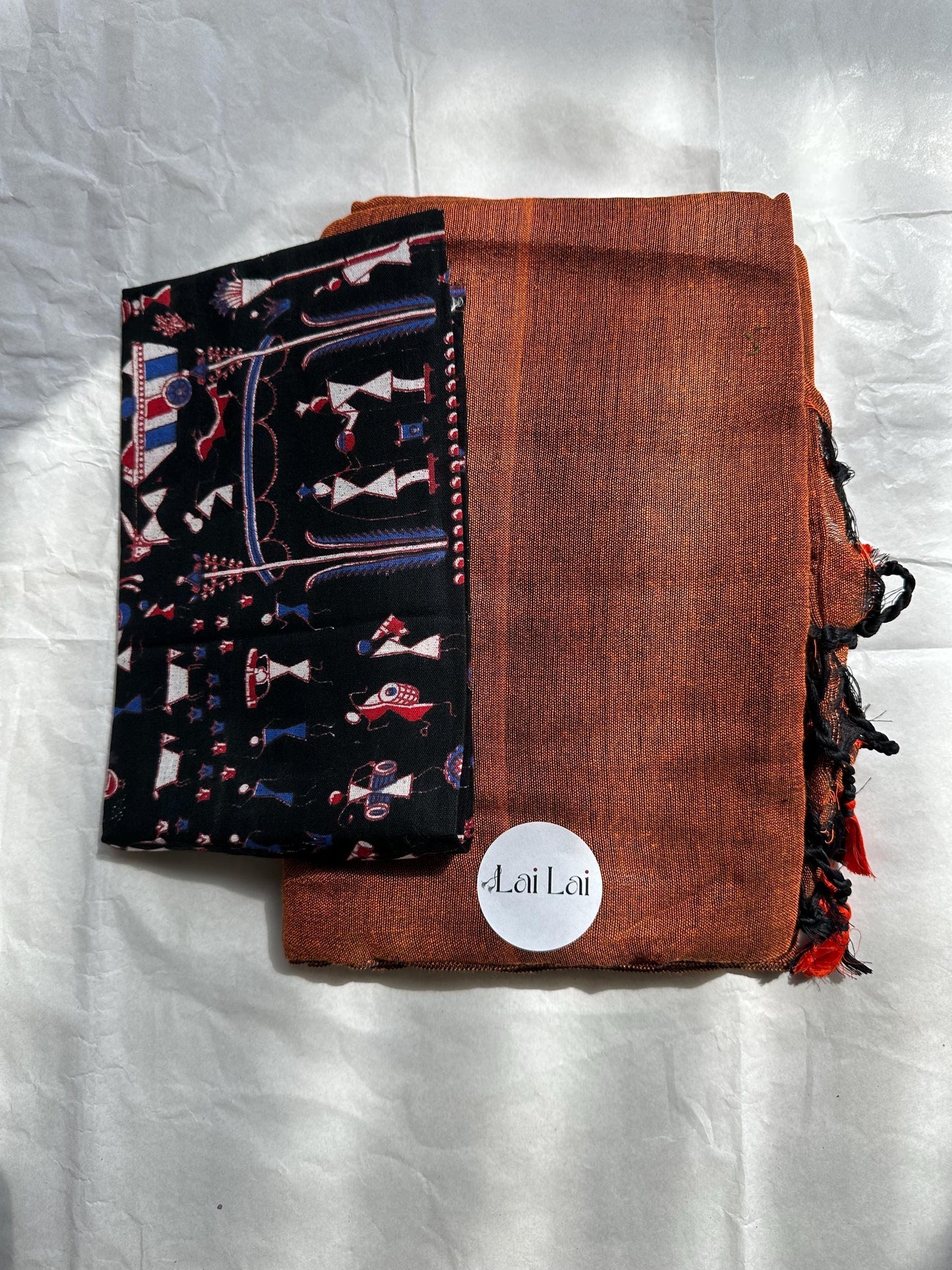 Burnt orange cotton handloom saree with kalamkari art blouse. Very soft pure khadi cotton saree. Contrast black printed blouse.