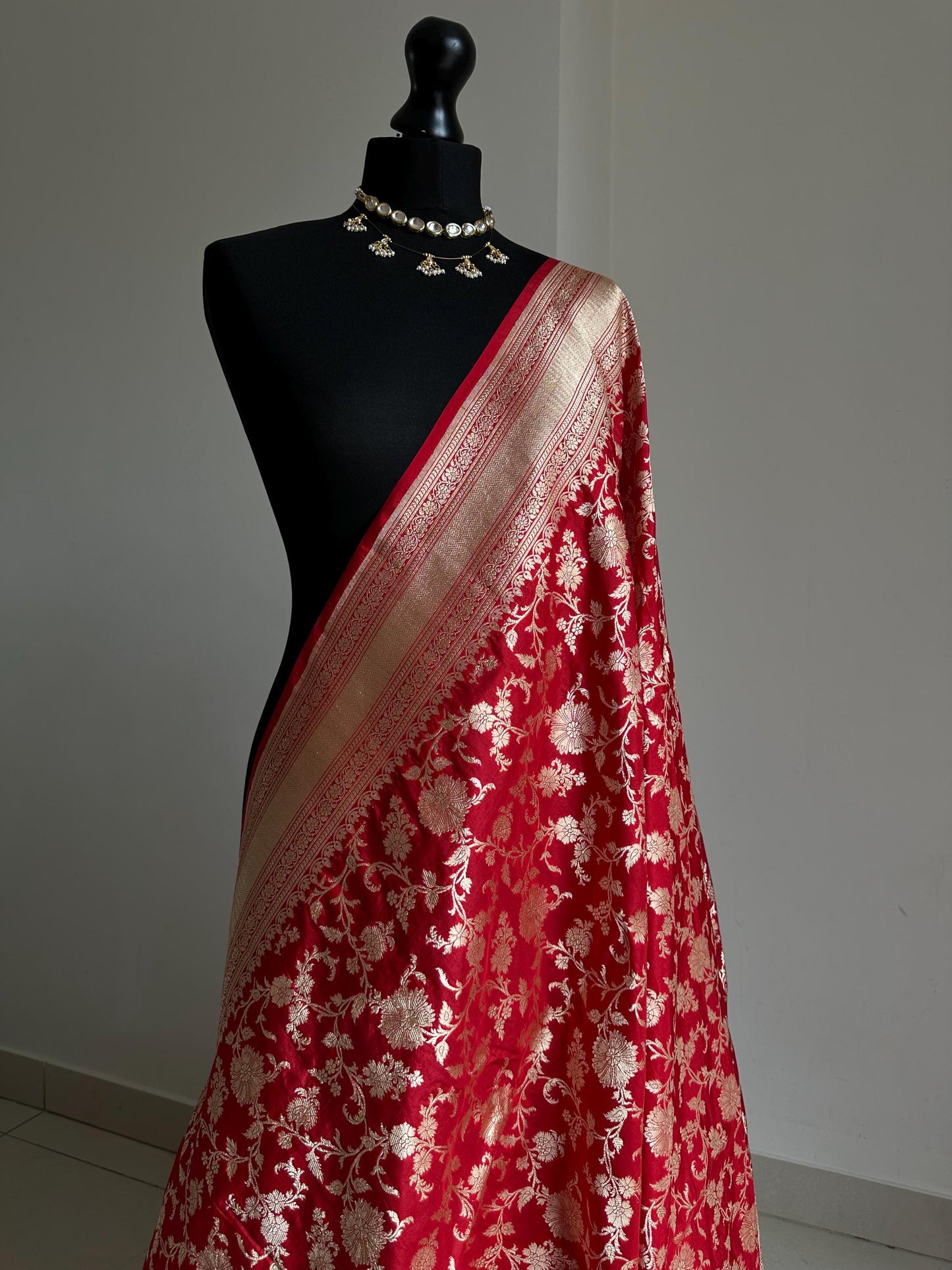 Pure Banarasi silk koorai saree in true red with gold zari handwoven Kadhua wedding saree bridal and festive wear