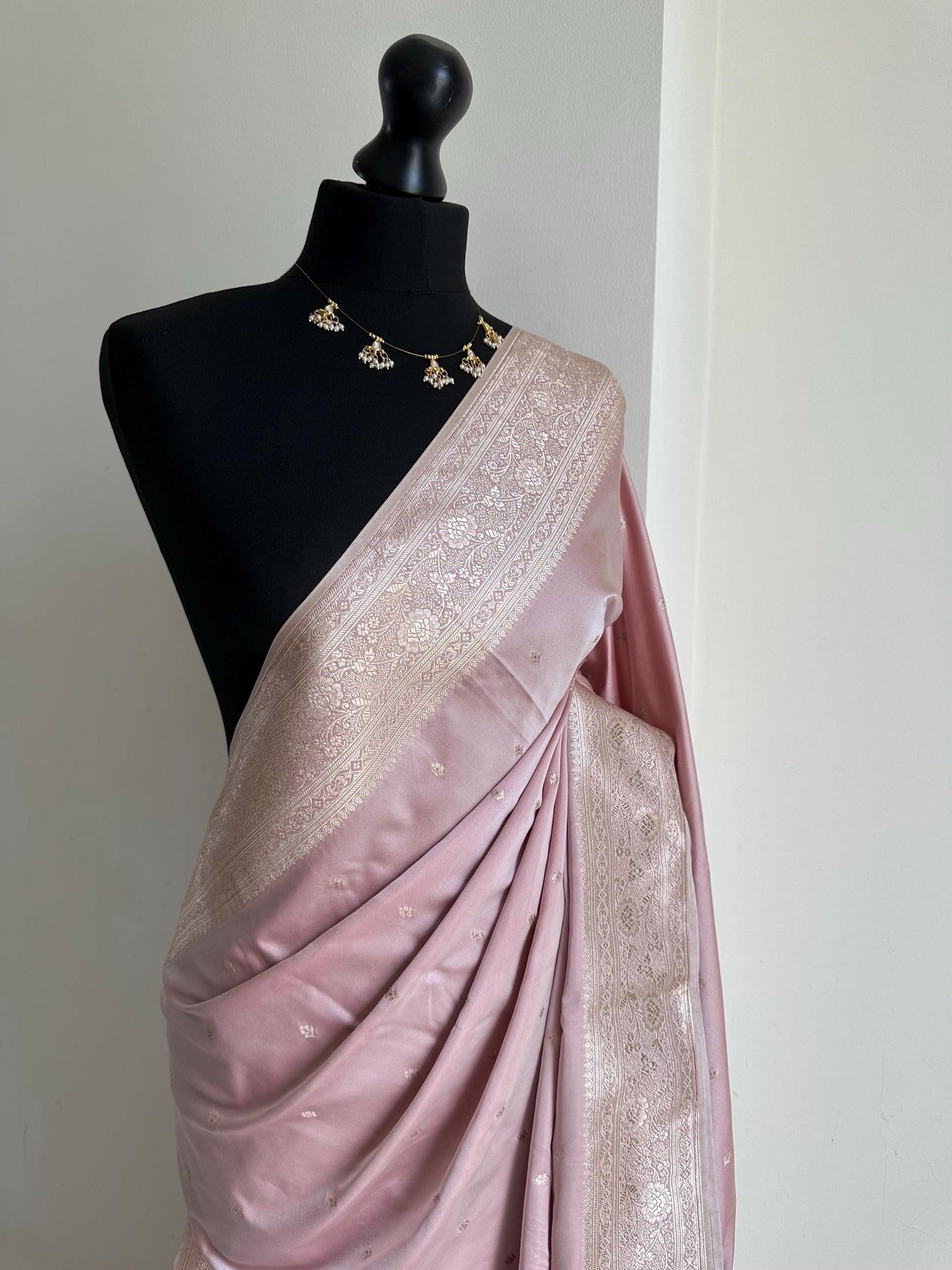 Powder pink Katan silk Wedding Saree with gold Zari. Gold and soft pink stunning saree for bridal and occasion wear