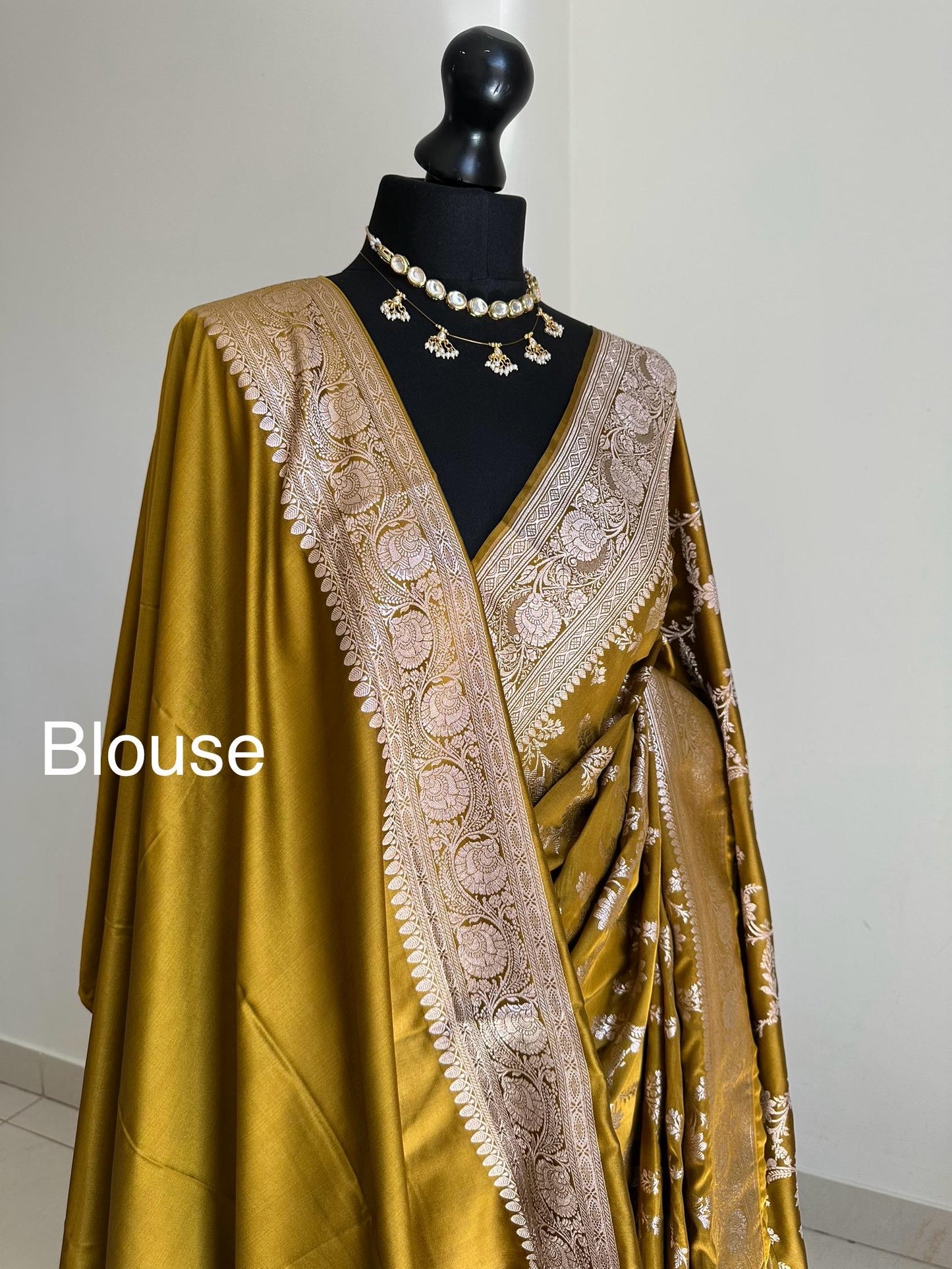 Banarasi olive wedding mashru Saree with champage gold Zari. Gold olive traditional modern Saree with plain contrast blouse and fall picot
