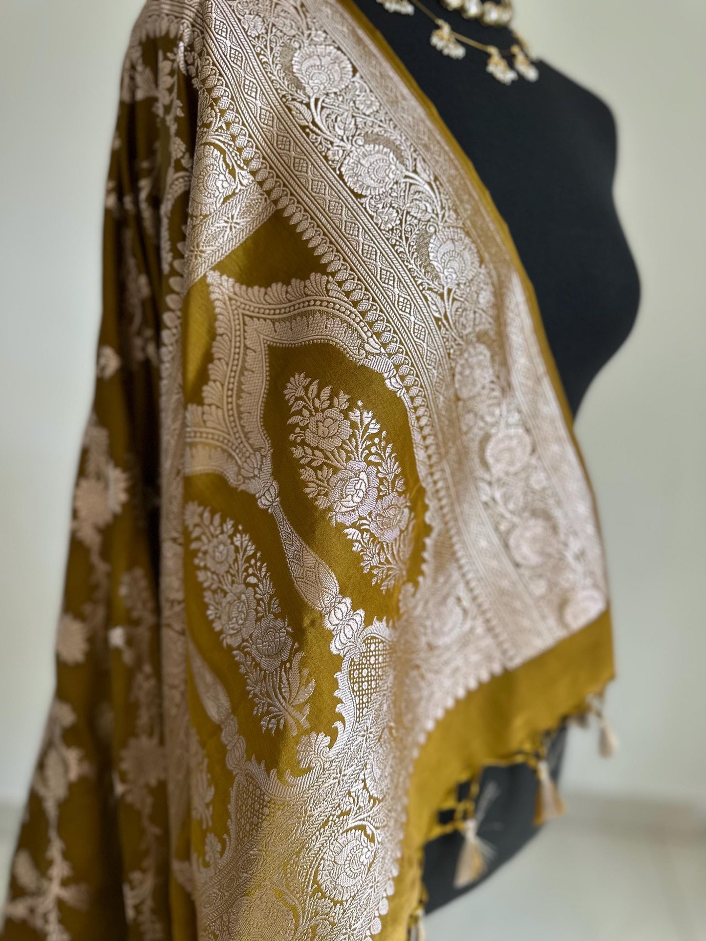 Banarasi olive wedding mashru Saree with champage gold Zari. Gold olive traditional modern Saree with plain contrast blouse and fall picot