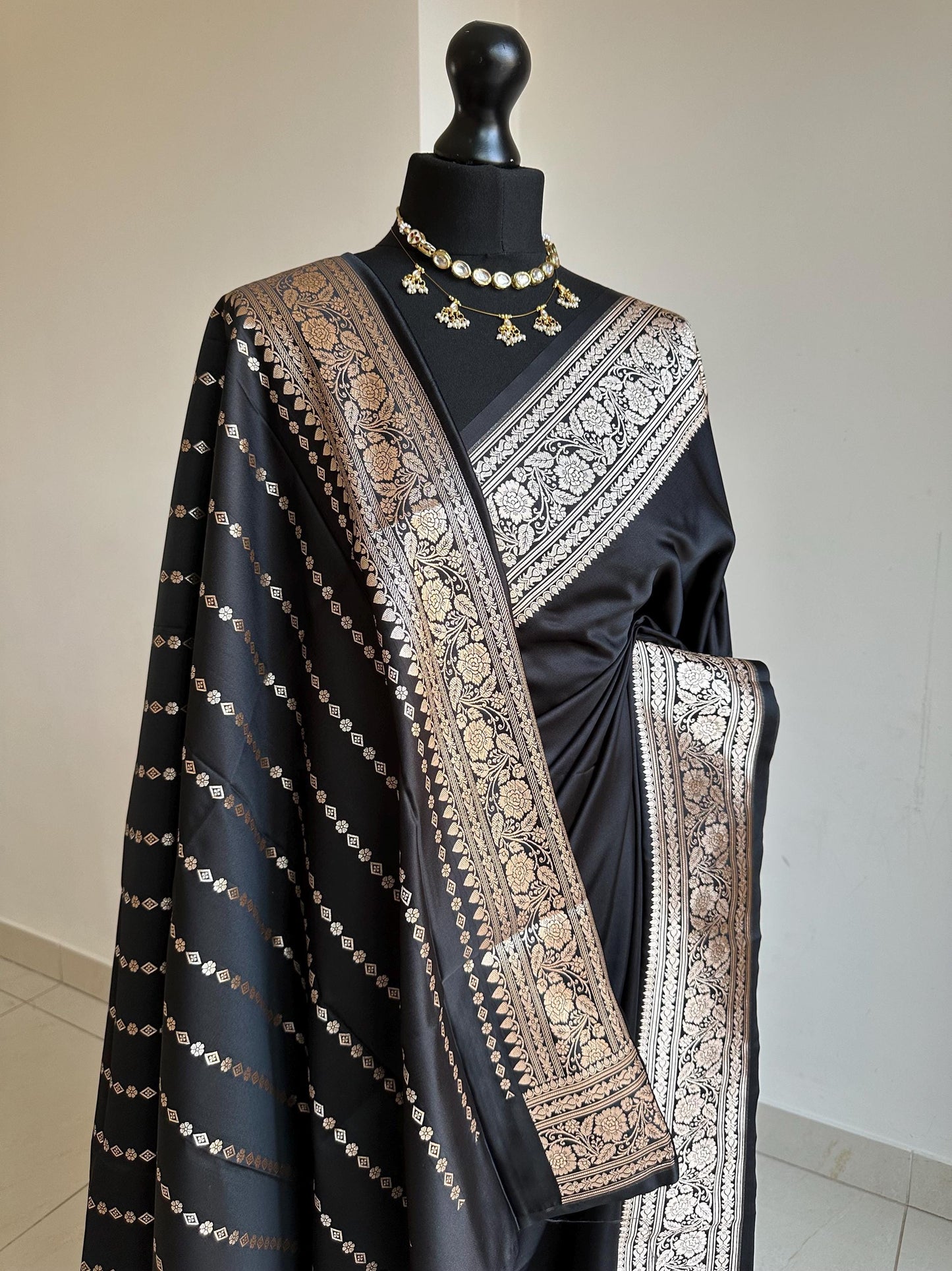 Black and gold katan semi silk wedding saree with gold zari. Stunning soft and elegant saree for bridal and occasion wear