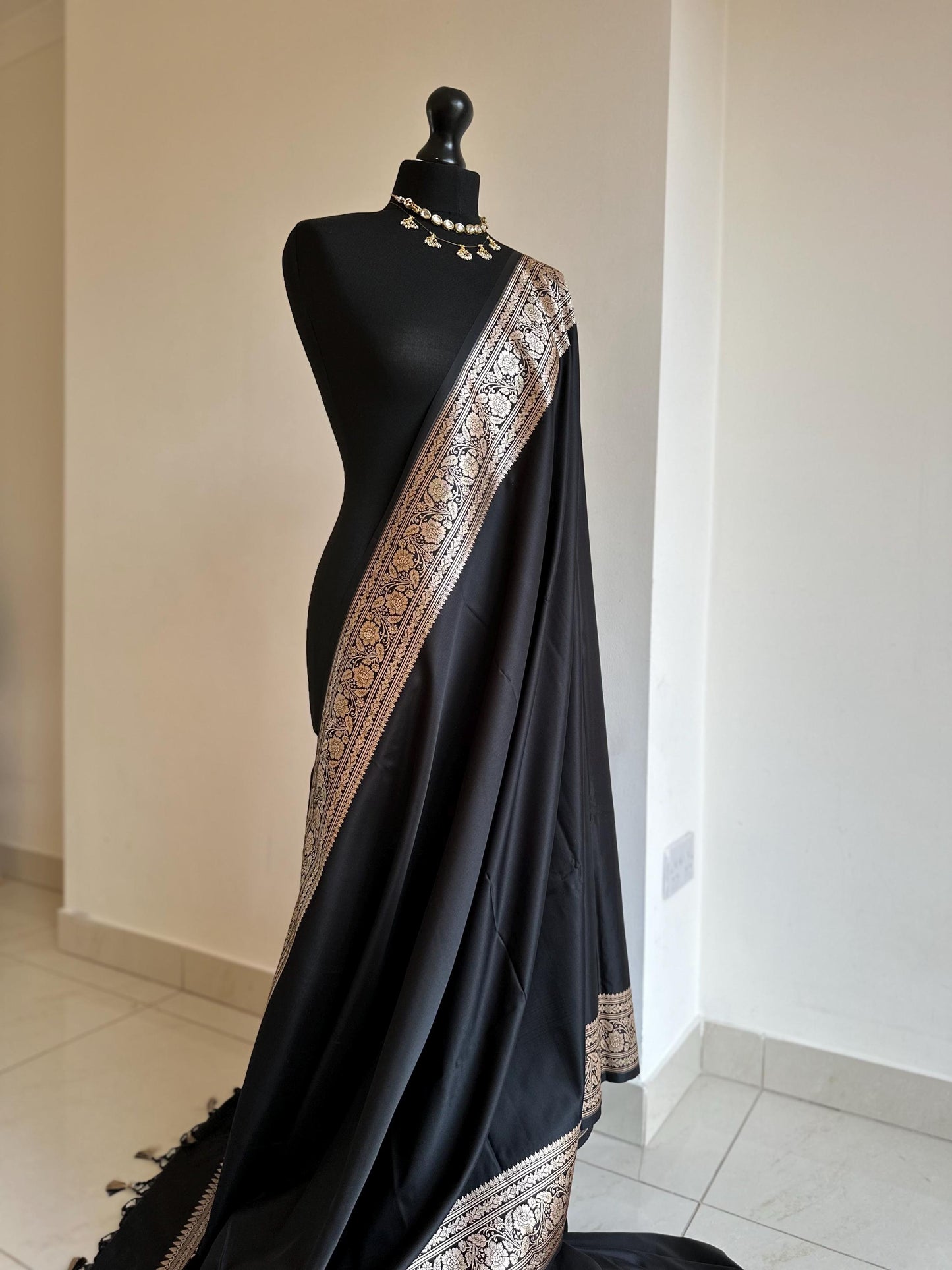 Black and gold katan semi silk wedding saree with gold zari. Stunning soft and elegant saree for bridal and occasion wear