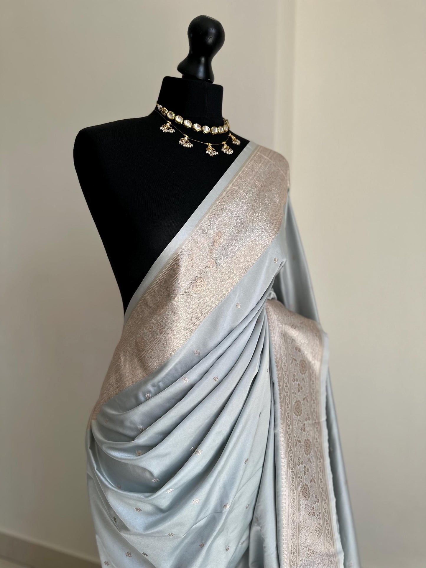 Soft grey semi Katan silk Wedding Saree with gold Zari. Champagne gold and grey stunning saree for bridal and occasion wear