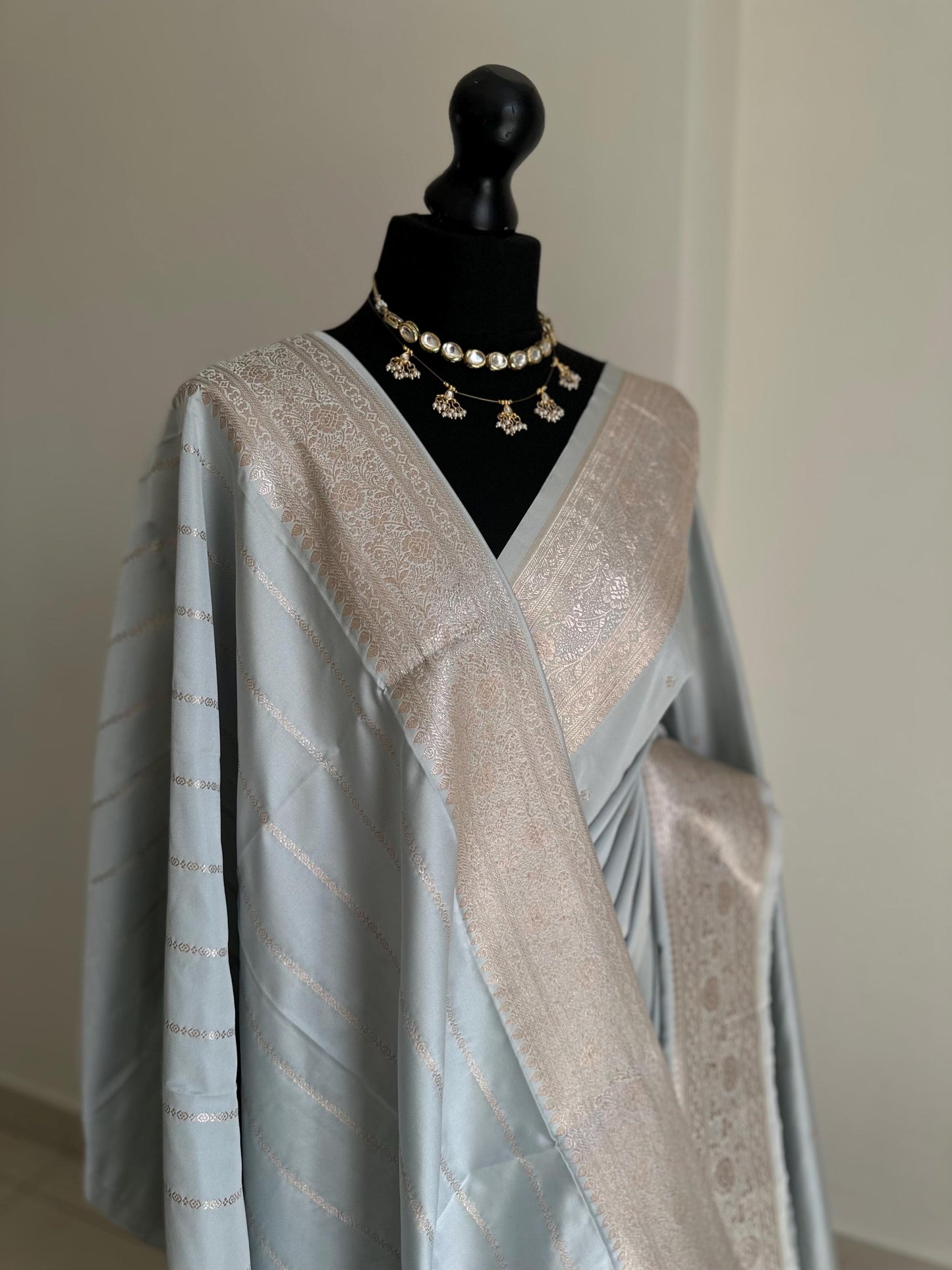 Soft grey semi Katan silk Wedding Saree with gold Zari. Champagne gold and grey stunning saree for bridal and occasion wear