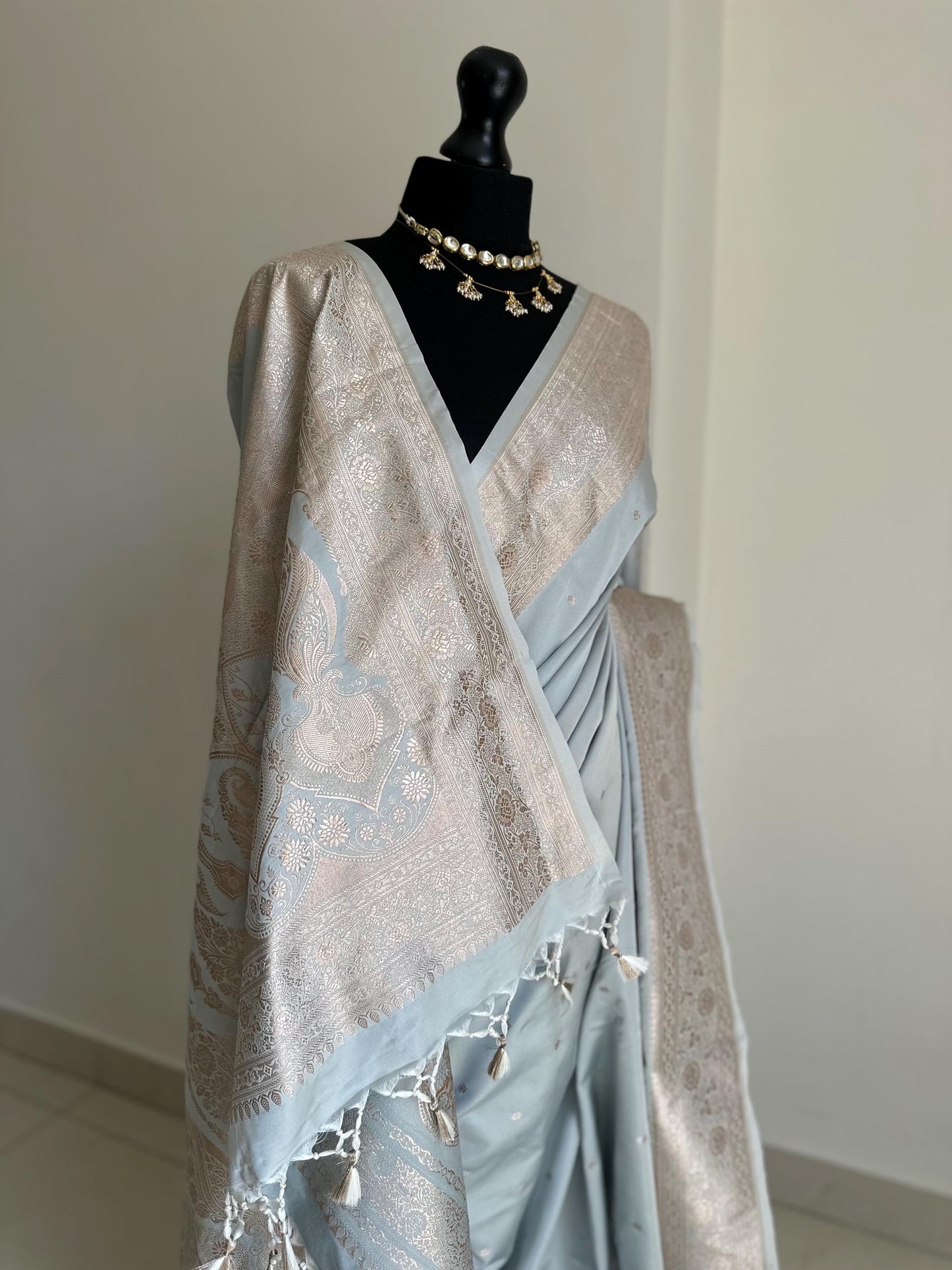 Soft grey semi Katan silk Wedding Saree with gold Zari. Champagne gold and grey stunning saree for bridal and occasion wear